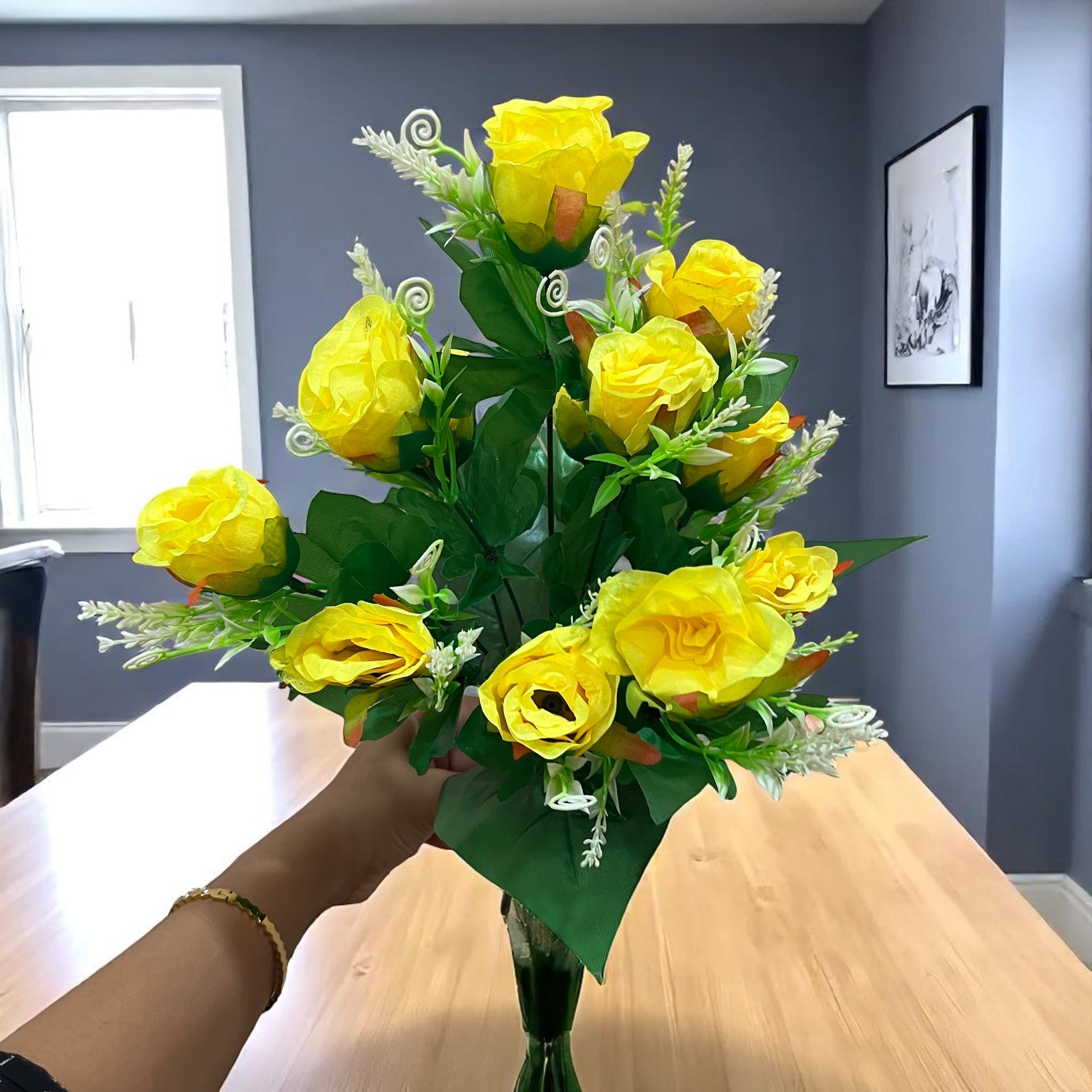 Artificial Flowers Rose | Faux Flowers Bunch - for Home Decor, Side Table, Centerpiece - 17 Inch - Apkamart #Colour_Yellow