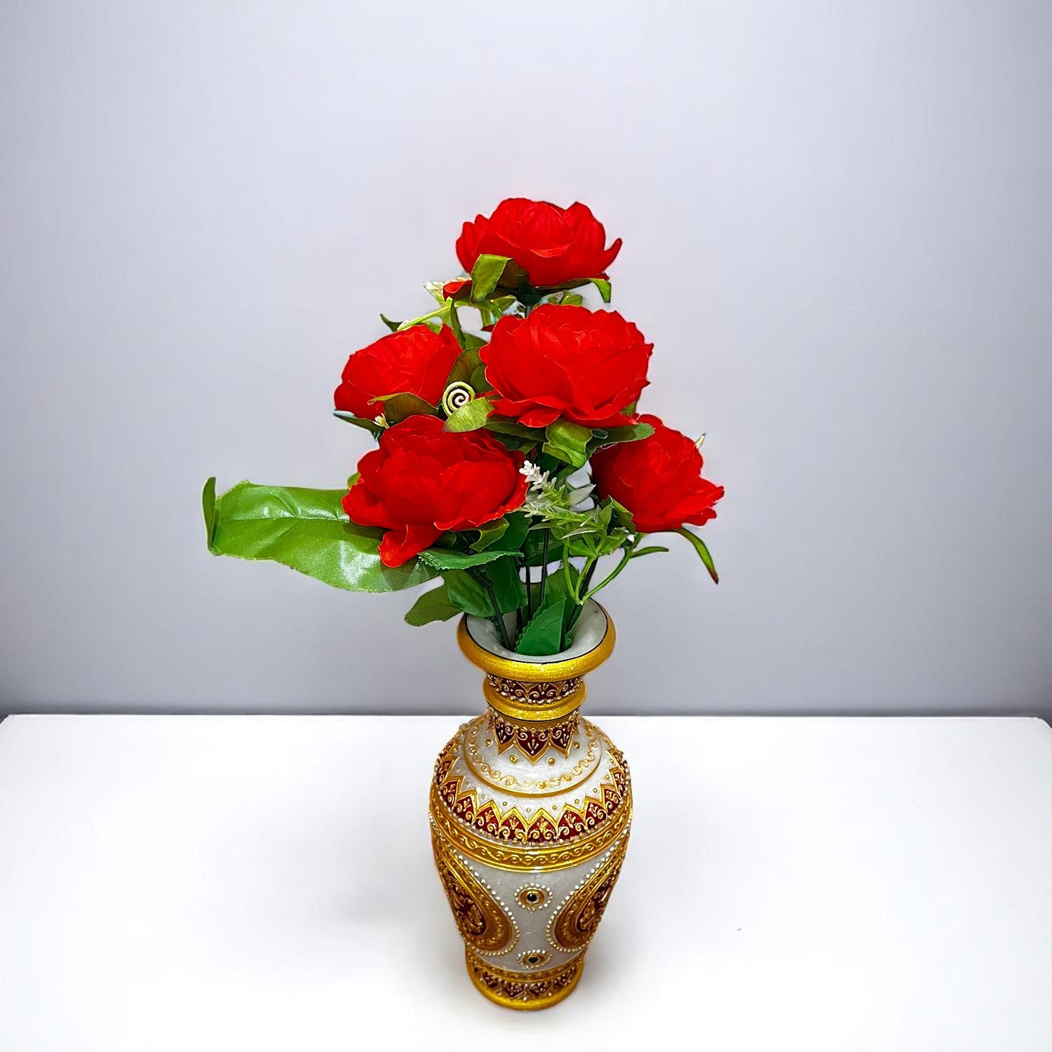 Artificial Flowers Rose Bunches for Vase Pot | Faux Flowers Stem - for Home Decor, Living Room, Office & Festivals Decoration (Vase Not Included) - 15 Inch - Apkamart #Colour_Red