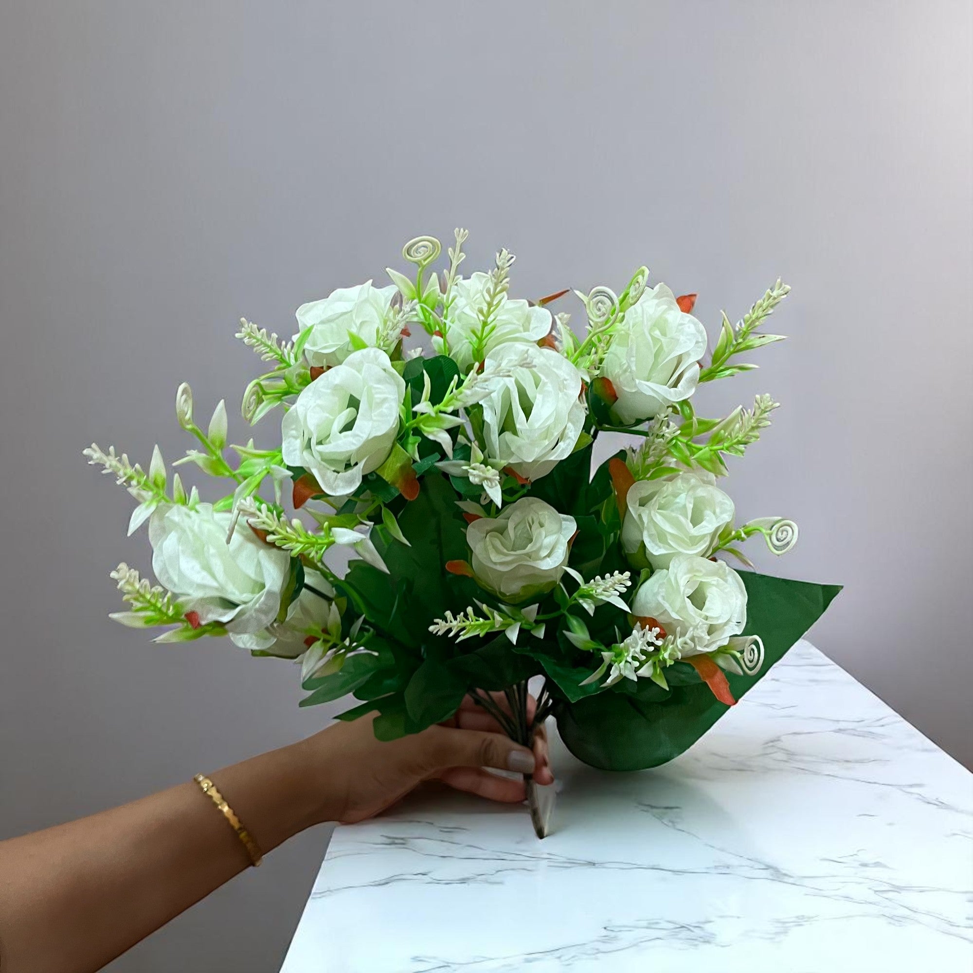 Artificial Flowers Rose | Faux Flowers Bunch - for Home Decor, Side Table, Centerpiece - 17 Inch - Apkamart #Colour_White