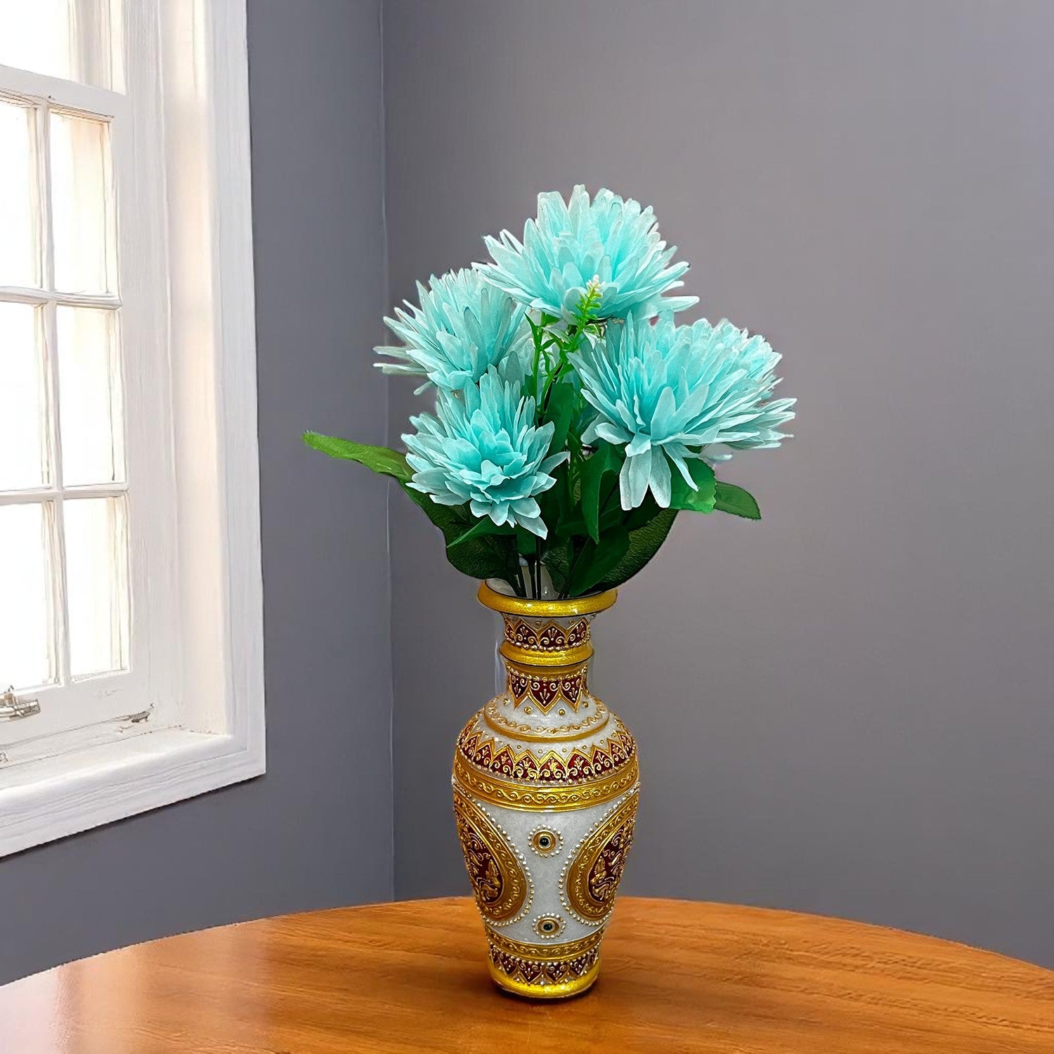 Artificial Flowers Dahlia Bunches for Vase Pot | Faux Flowers Stick - for Home Decor, Living Room, Wedding & Party Decoration (Vase Not Included) - 15 Inch - Apkamart #Colour_Blue