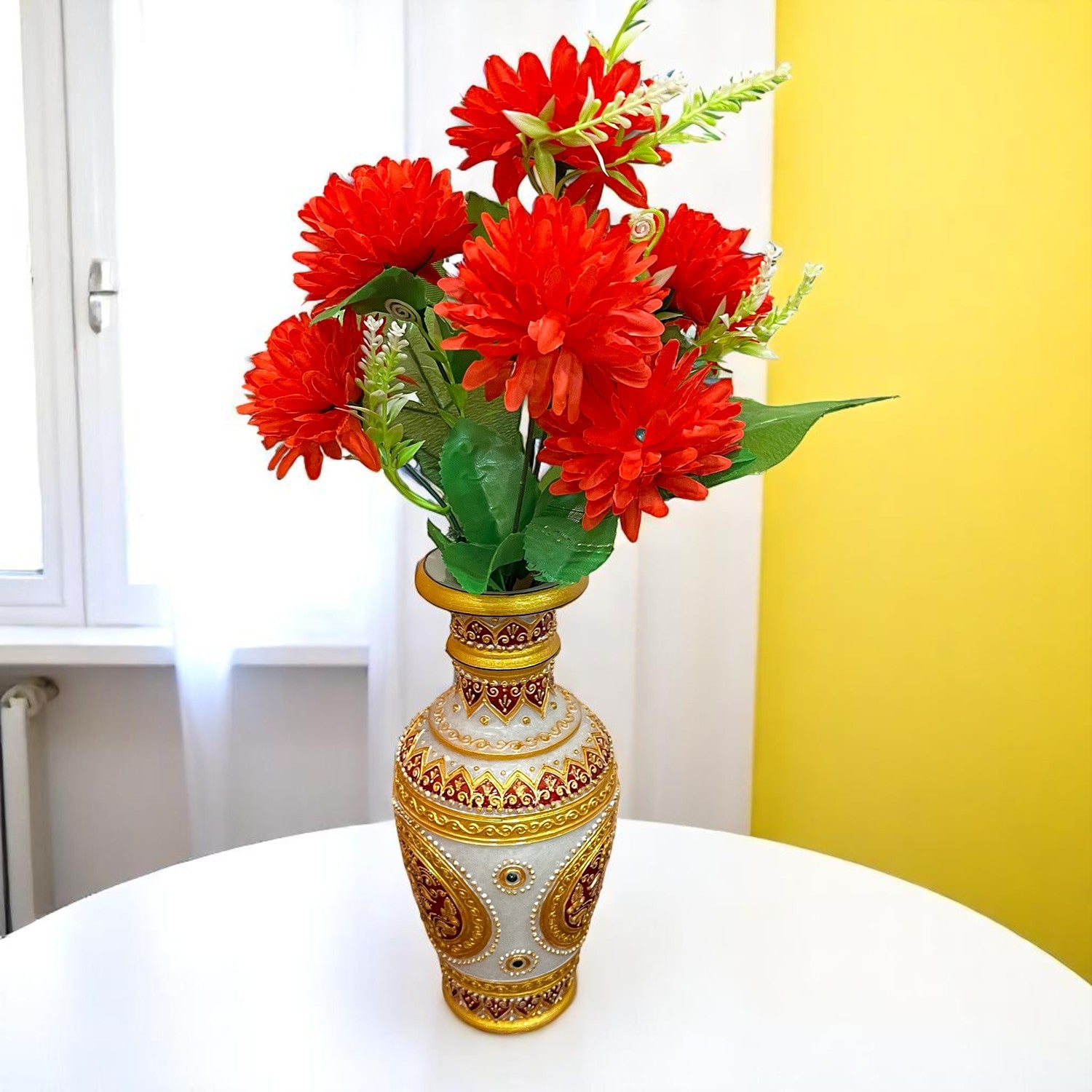 Artificial Flowers Dahlia Bunches for Vase Pot | Faux Flowers Stick - for Home Decor, Living Room, Wedding & Party Decoration (Vase Not Included) - 14 Inch - Apkamart #Colour_Red