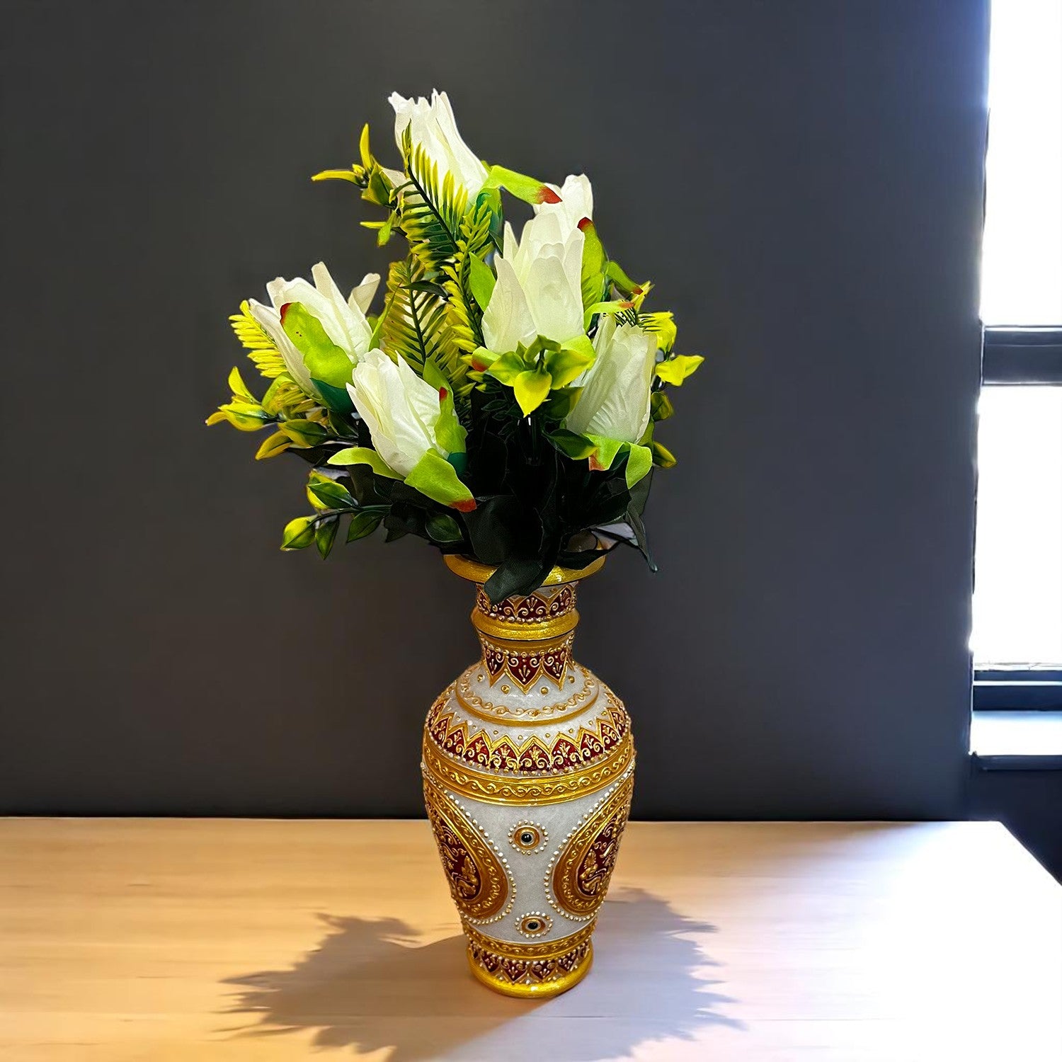 Artificial Flowers Rose Bunches for Vase Pot | Faux Flowers Stem - for Home Decor, Living Room, Office, Wedding & Party Decoration (Vase Not Included) - 14 Inch - Apkamart #Colour_White