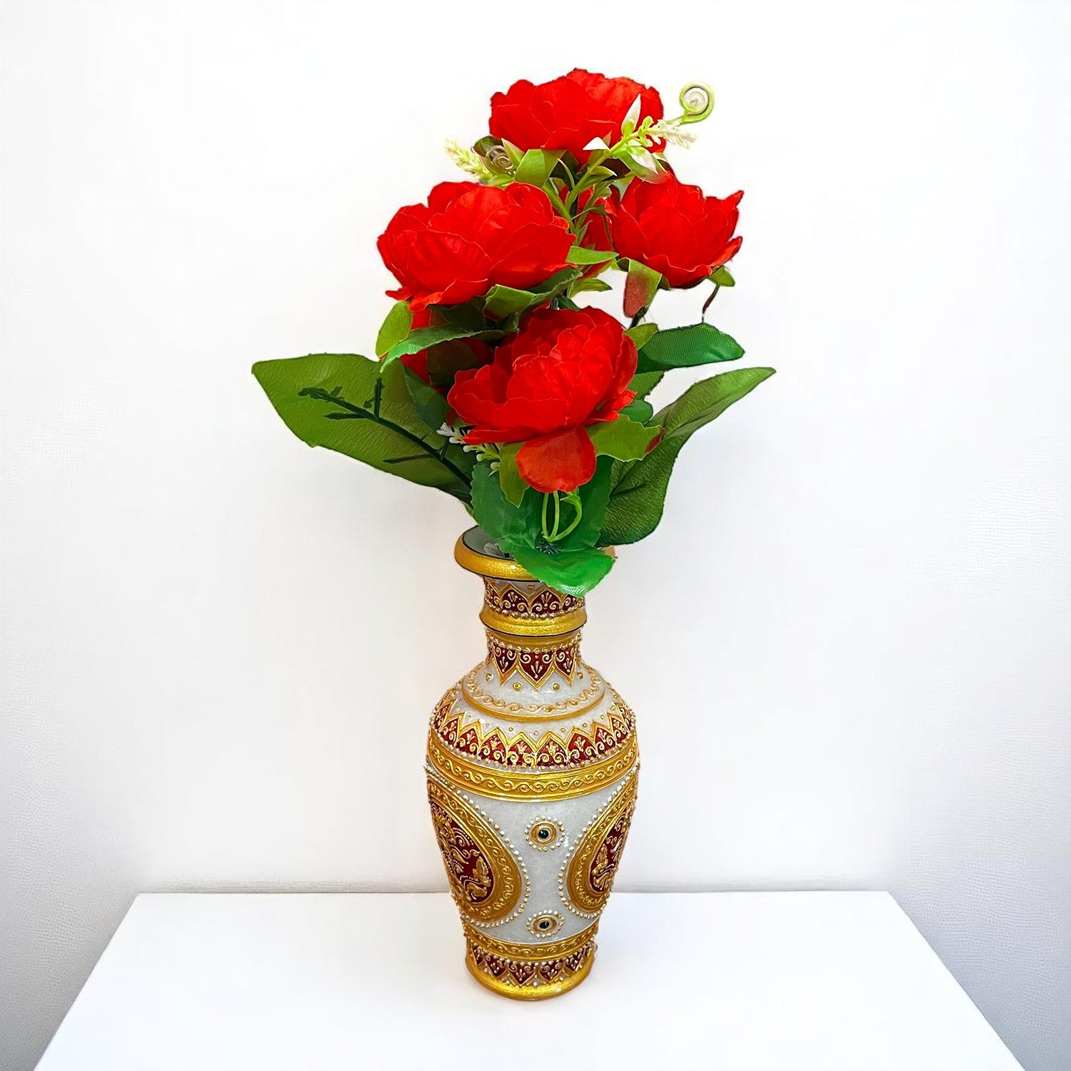 Artificial Flowers Rose Bunches for Vase Pot | Faux Flowers Stem - for Home Decor, Living Room, Office & Festivals Decoration (Vase Not Included) - 15 Inch - Apkamart #Colour_Red