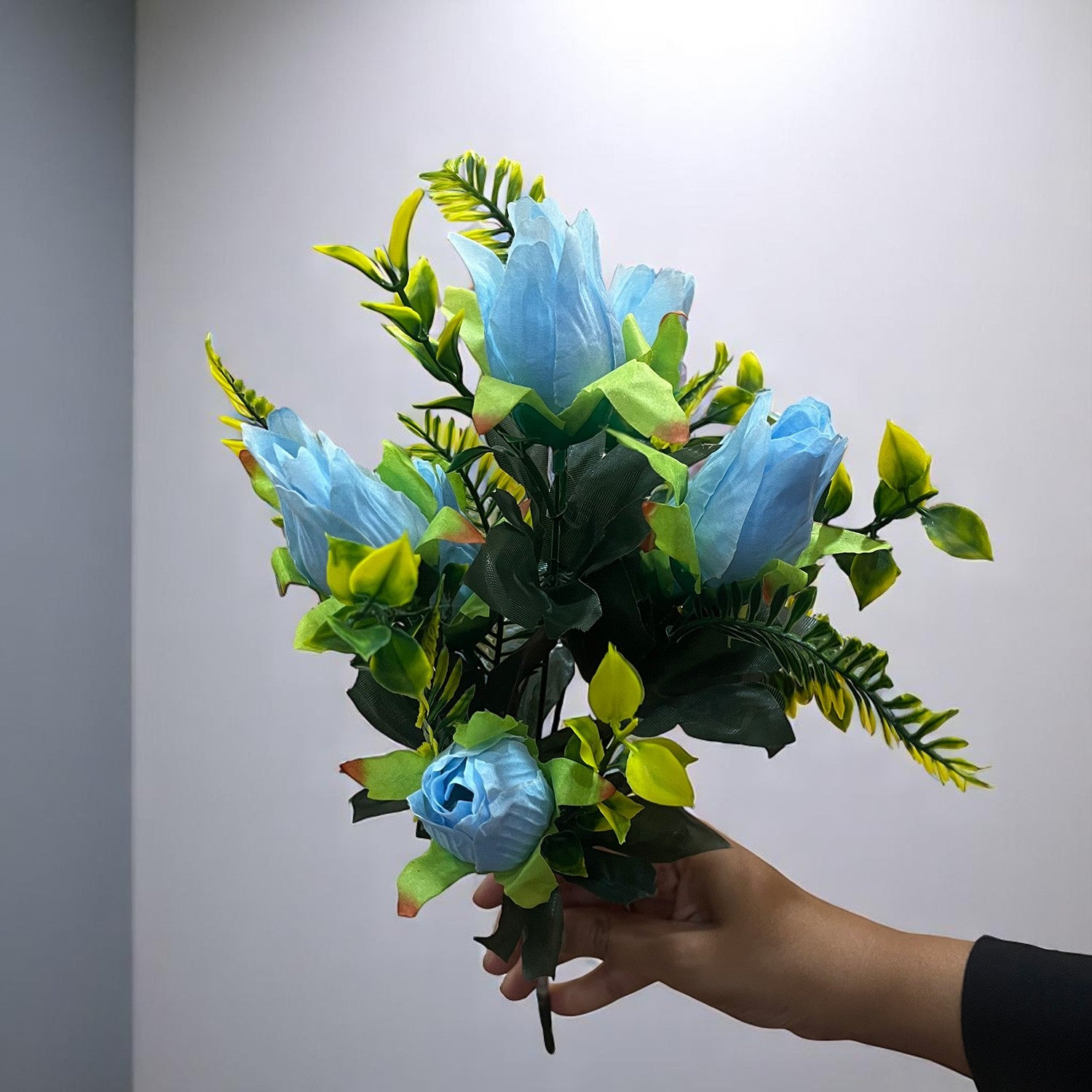 Artificial Flowers Rose Bunches for Vase Pot | Faux Flowers Stem - for Home Decor, Living Room, Office, Wedding & Party Decoration (Vase Not Included) - 14 Inch - Apkamart #Colour_Blue