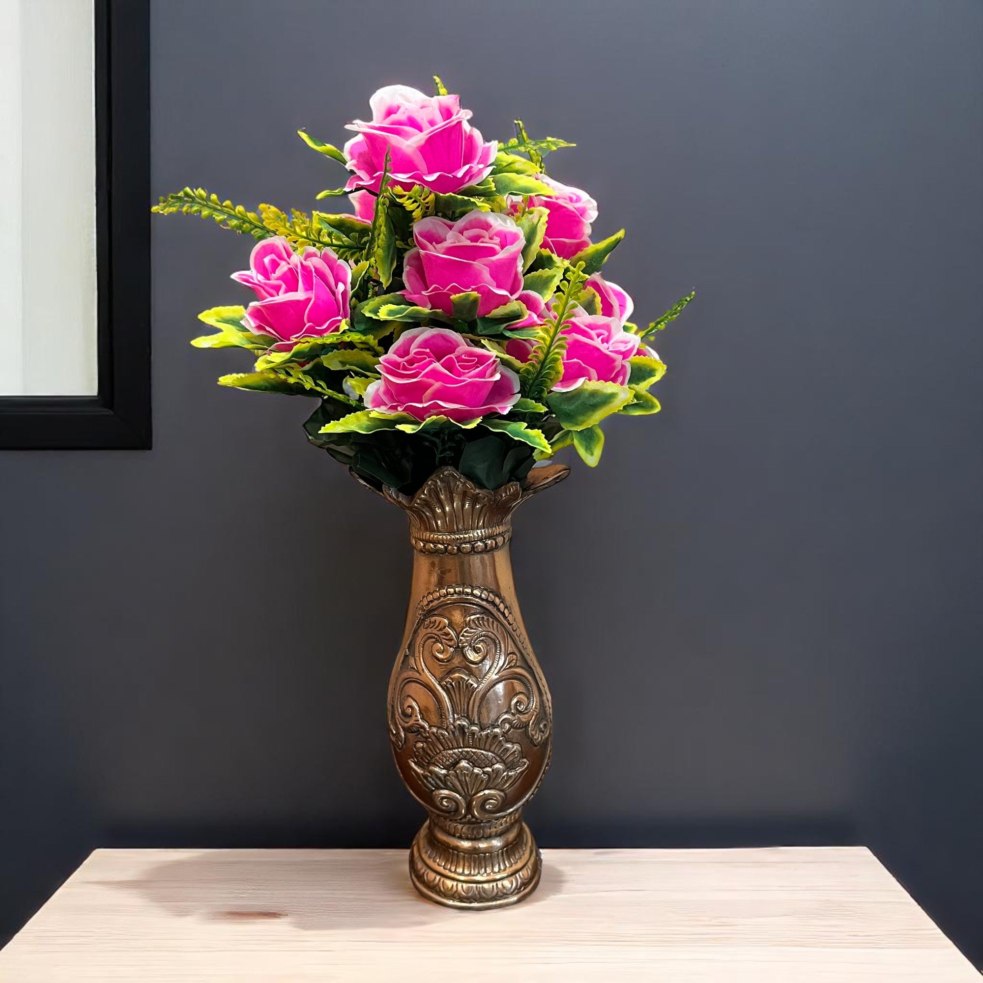 Artificial Flower Bouquet | Faux Rose Flowers Bunch - for Table Vase, Pot, Home Decor, Side Table - 16 Inch - Apkamart #Colour_Pink