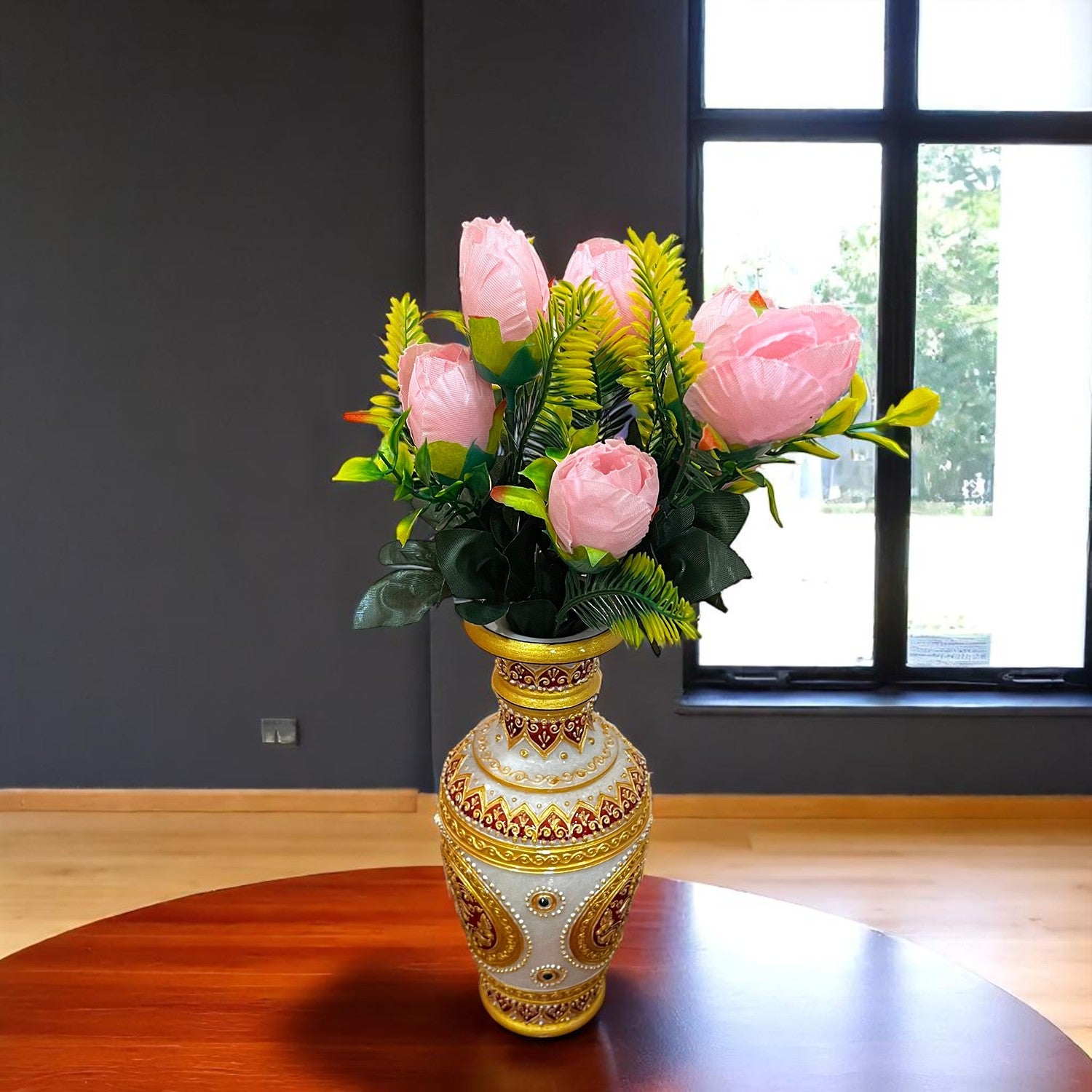 Artificial Flowers Rose Bunches for Vase Pot | Faux Flowers Stem - for Home Decor, Living Room, Office, Wedding & Party Decoration (Vase Not Included) - 14 Inch - Apkamart #Colour_Pink