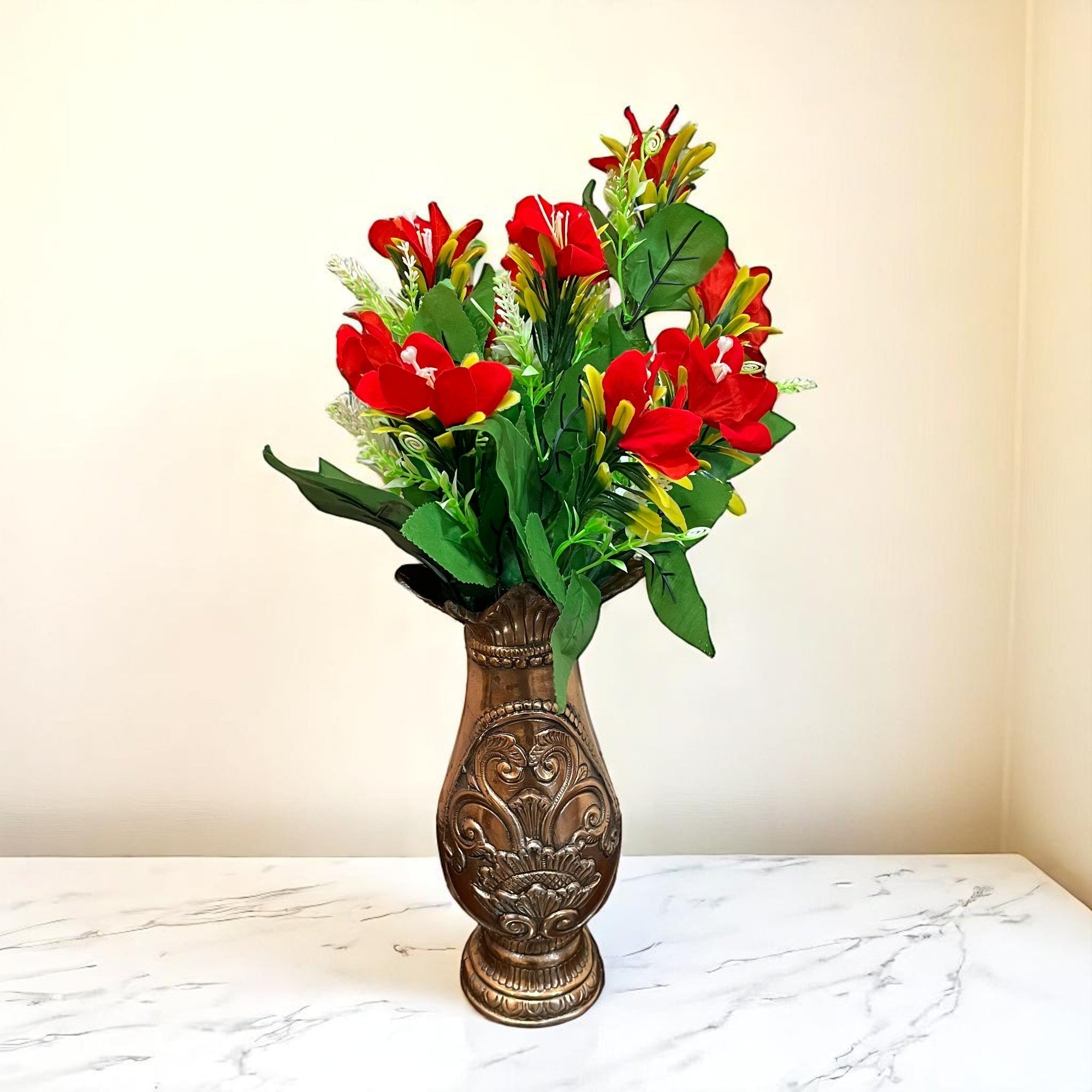 Artificial Flowers Bunches lily for Vase Pot | Faux Flowers Stem - for Home Decor Living Room Side Table Centerpiece - 18 Inch - Apkamart #Colour_Red