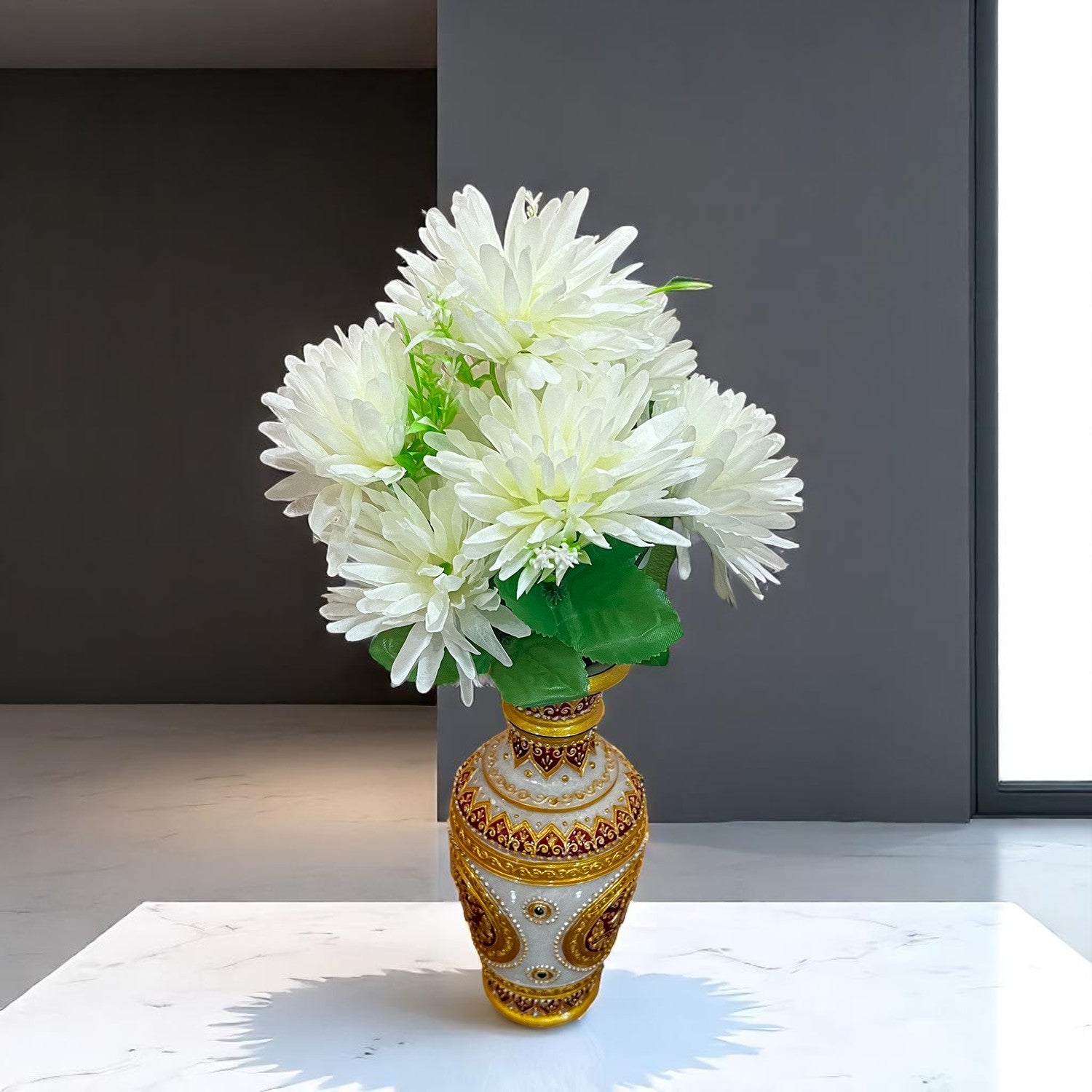 Artificial Flowers Dahlia Bunches for Vase Pot | Faux Flowers Stick - for Home Decor, Living Room, Wedding & Party Decoration  (Vase Not Included) - 15 Inch - Apkamart #Colour_White