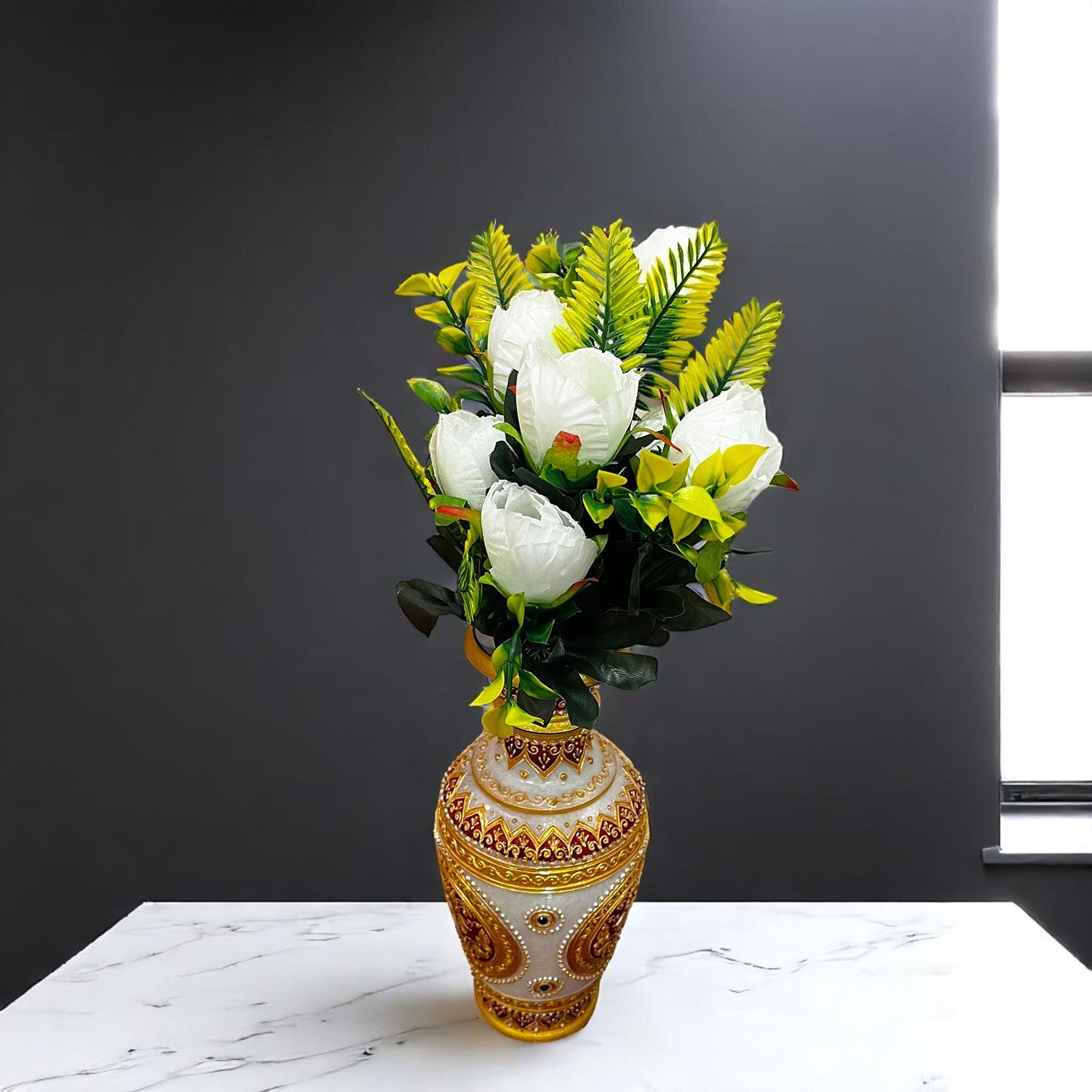 Artificial Flowers Rose Bunches for Vase Pot | Faux Flowers Stem - for Home Decor, Living Room, Office, Wedding & Party Decoration (Vase Not Included) - 14 Inch - Apkamart #Colour_White