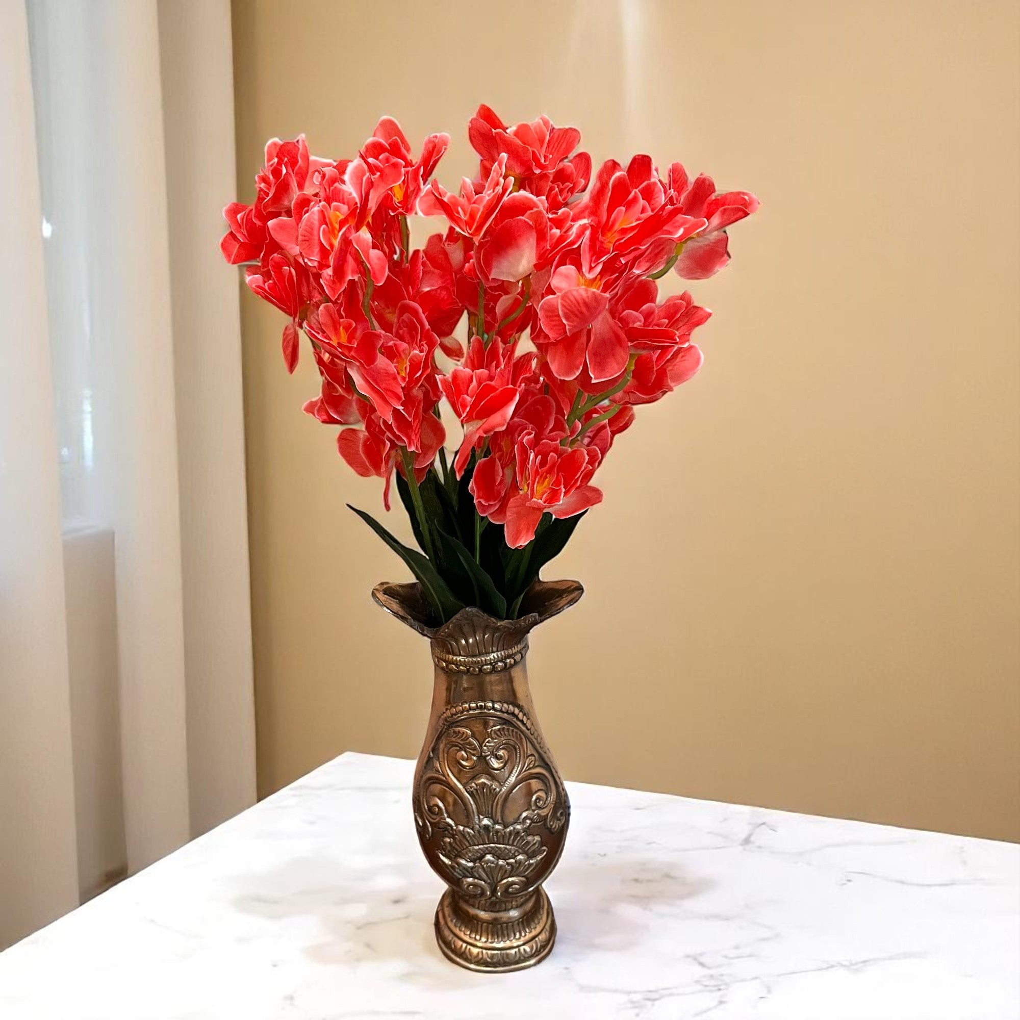 Artificial Orchids Flower Bouquets | Fake Flowers Bunch - For Vase, Pot, Home, Bedroom, Balcony, Office Corner, Living Room - 22 Inch - Apkamart #Colour_Red