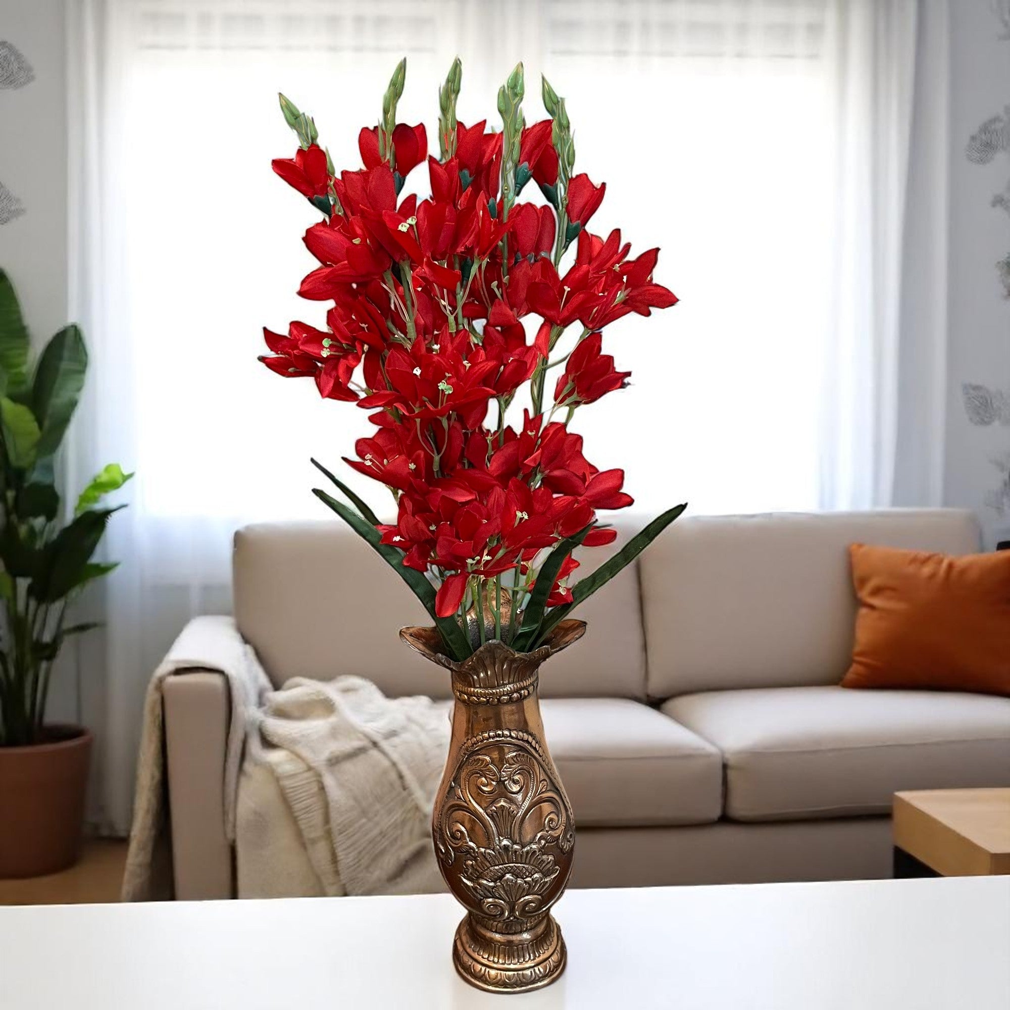 Artificial Flowers Gladiolus Bunches for Vase Pot | Faux Flowers Stem - for Home Decor Living Room Side Table Centerpiece - 26 Inch - Apkamart #Colour_Red