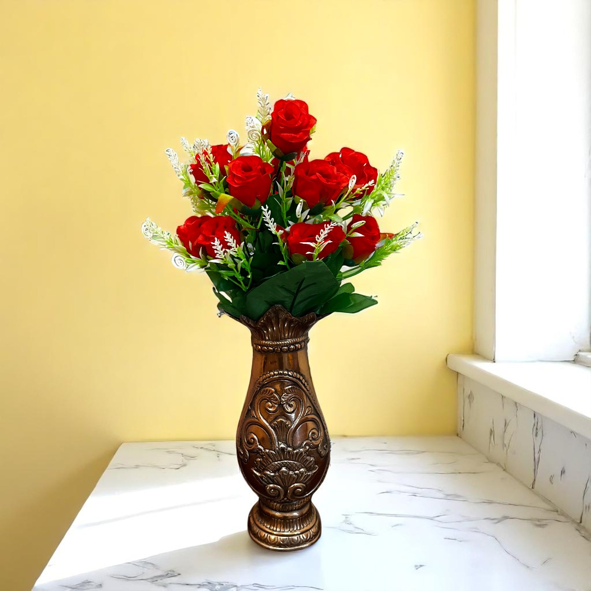 Artificial Flowers Rose | Faux Flowers Bunch - for Home Decor, Side Table, Centerpiece - 17 Inch - Apkamart #Colour_Red