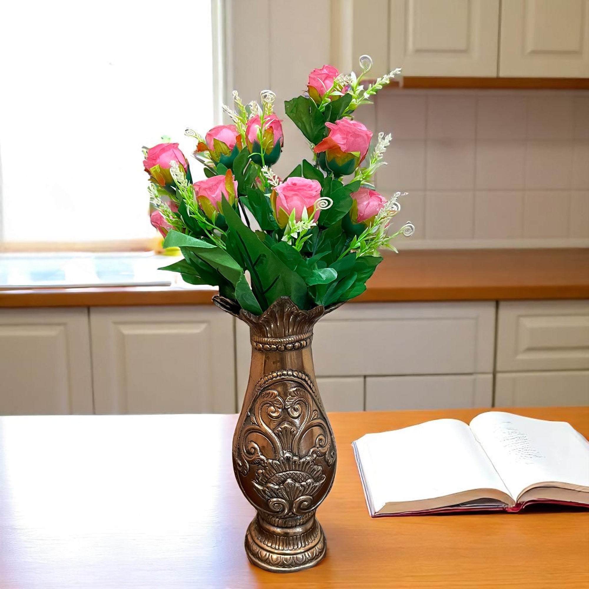 Artificial Flowers Rose | Faux Flowers Bunch - for Home Decor, Side Table, Centerpiece - 17 Inch - Apkamart #Colour_Pink