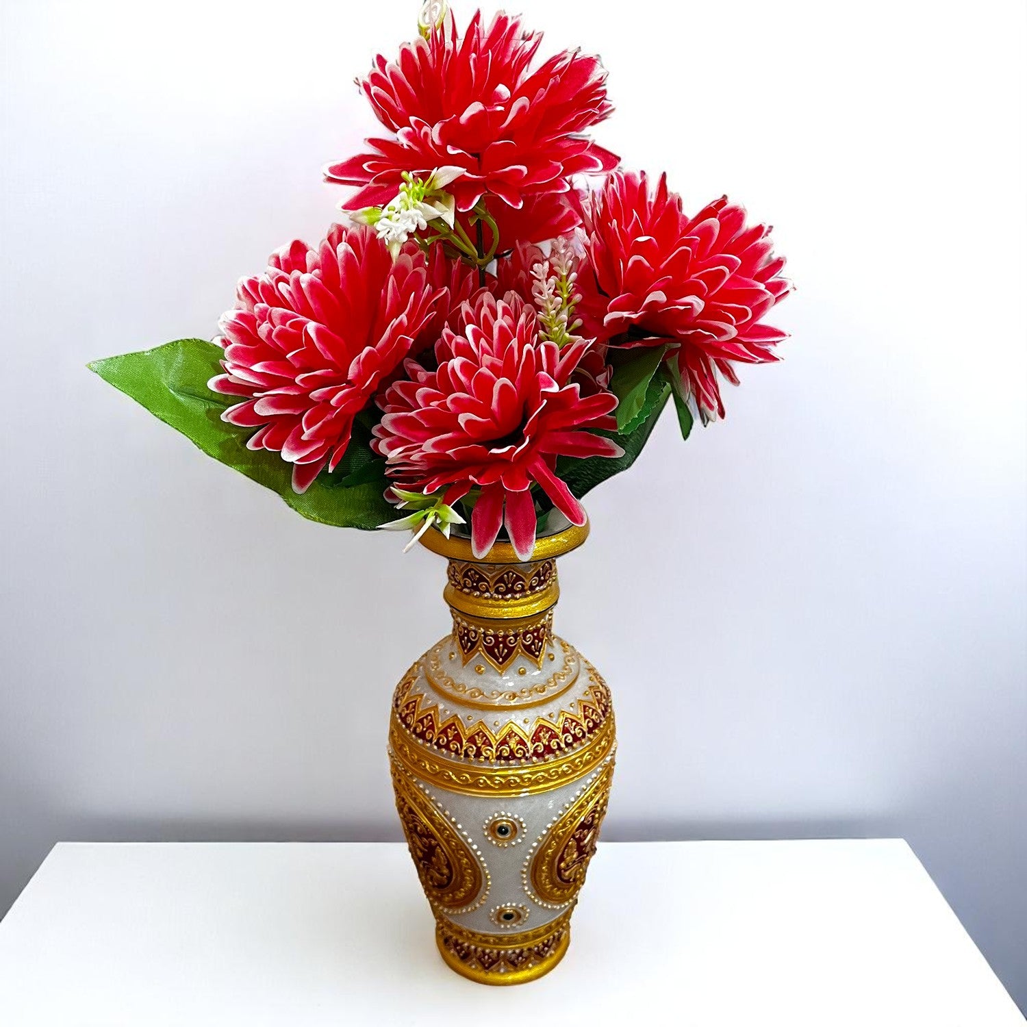 Artificial Flowers Dahlia Bunches for Vase Pot | Faux Flowers Stick - for Home Decor, Living Room, Wedding & Party Decoration (Vase Not Included) - 15 Inch - Apkamart #Colour_Red
