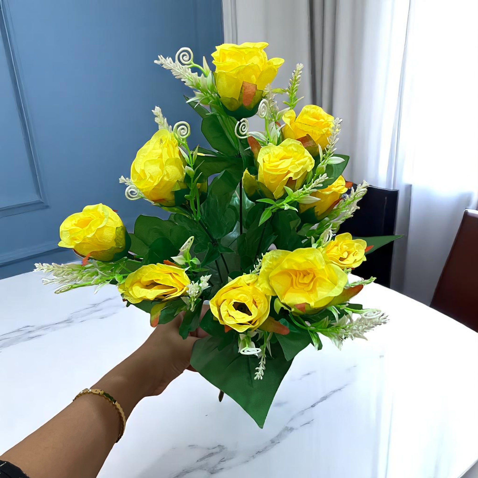 Artificial Flowers Rose | Faux Flowers Bunch - for Home Decor, Side Table, Centerpiece - 17 Inch - Apkamart #Colour_Yellow