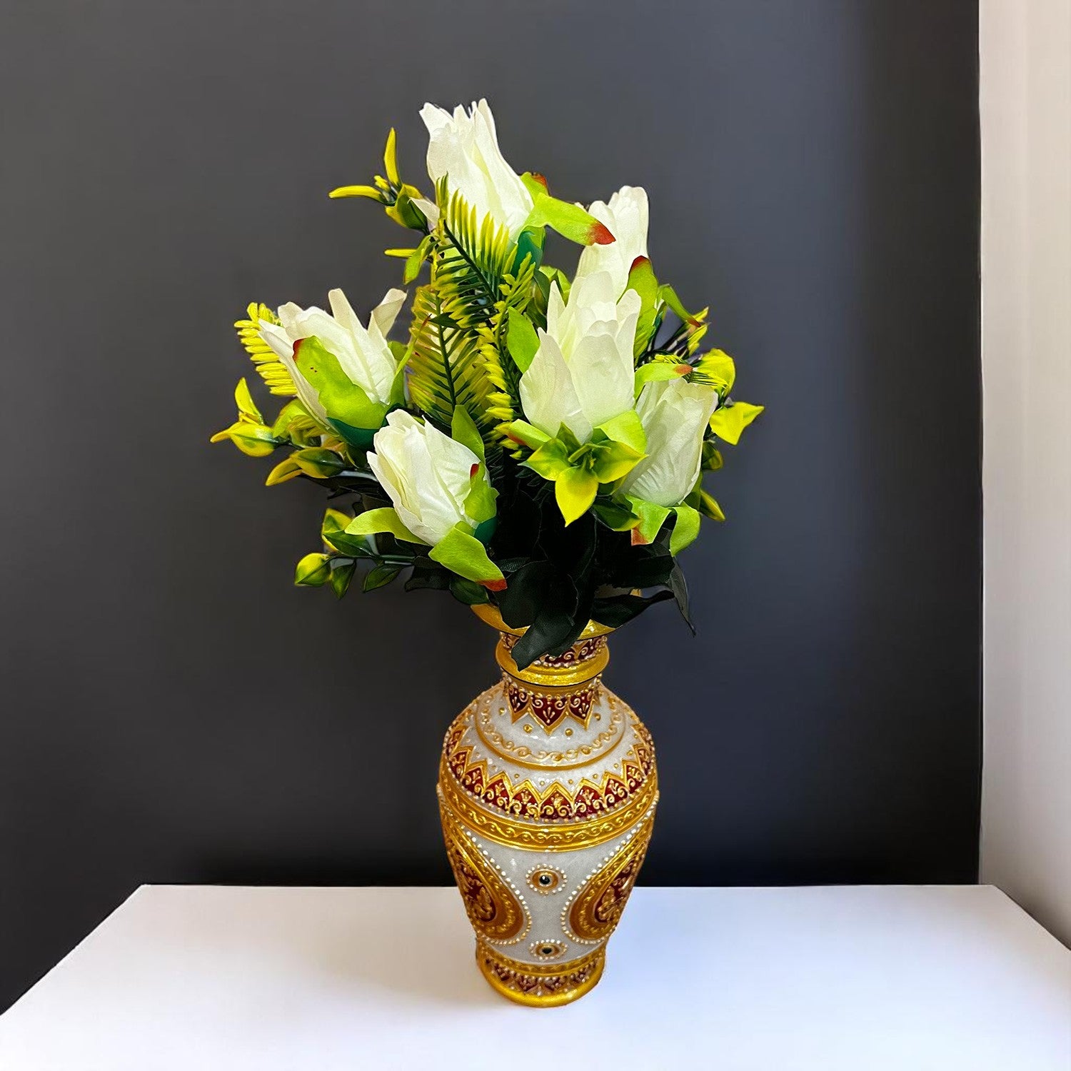 Artificial Flowers Rose Bunches for Vase Pot | Faux Flowers Stem - for Home Decor, Living Room, Office, Wedding & Party Decoration (Vase Not Included) - 14 Inch - Apkamart #Colour_White