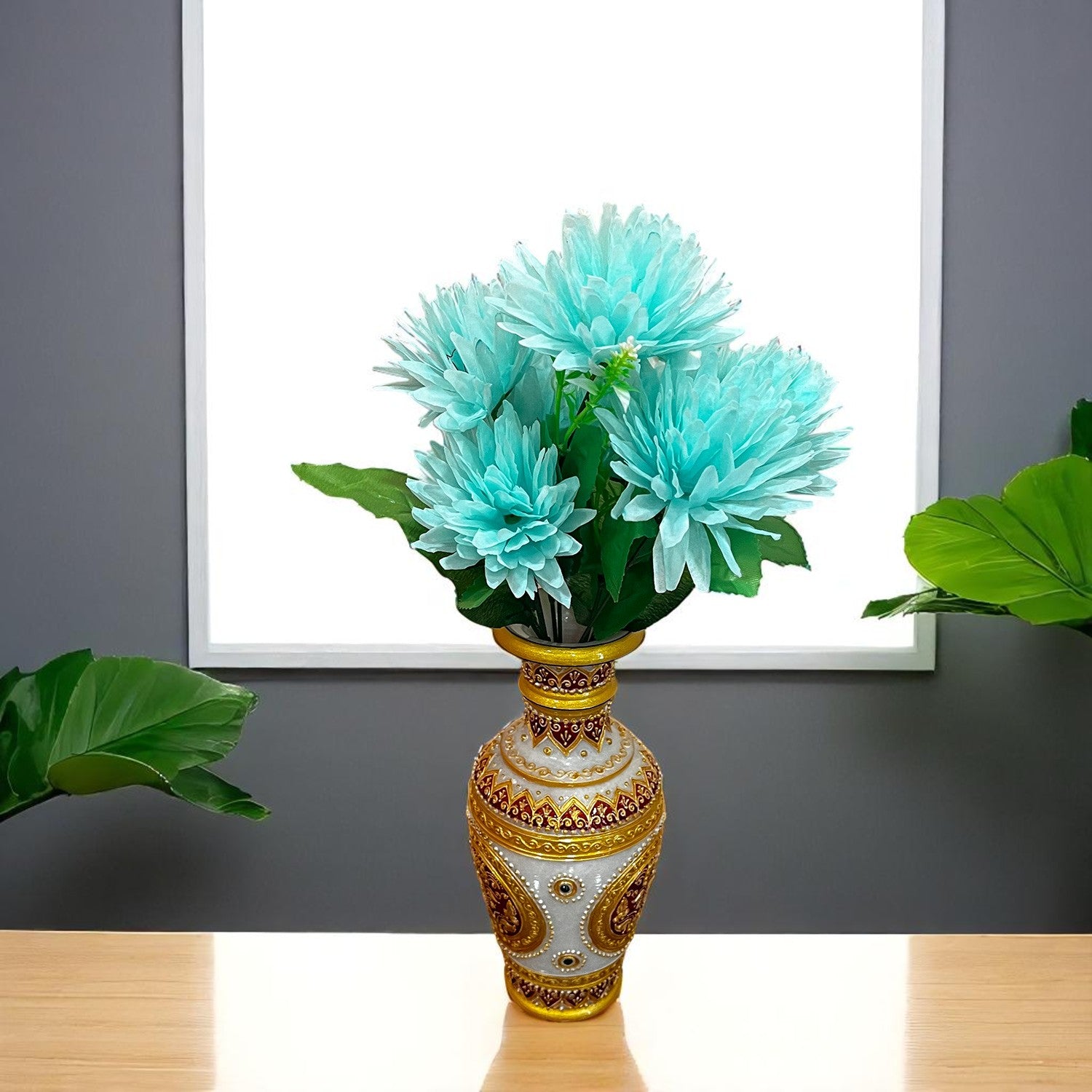 Artificial Flowers Dahlia Bunches for Vase Pot | Faux Flowers Stick - for Home Decor, Living Room, Wedding & Party Decoration (Vase Not Included) - 15 Inch - Apkamart #Colour_Blue