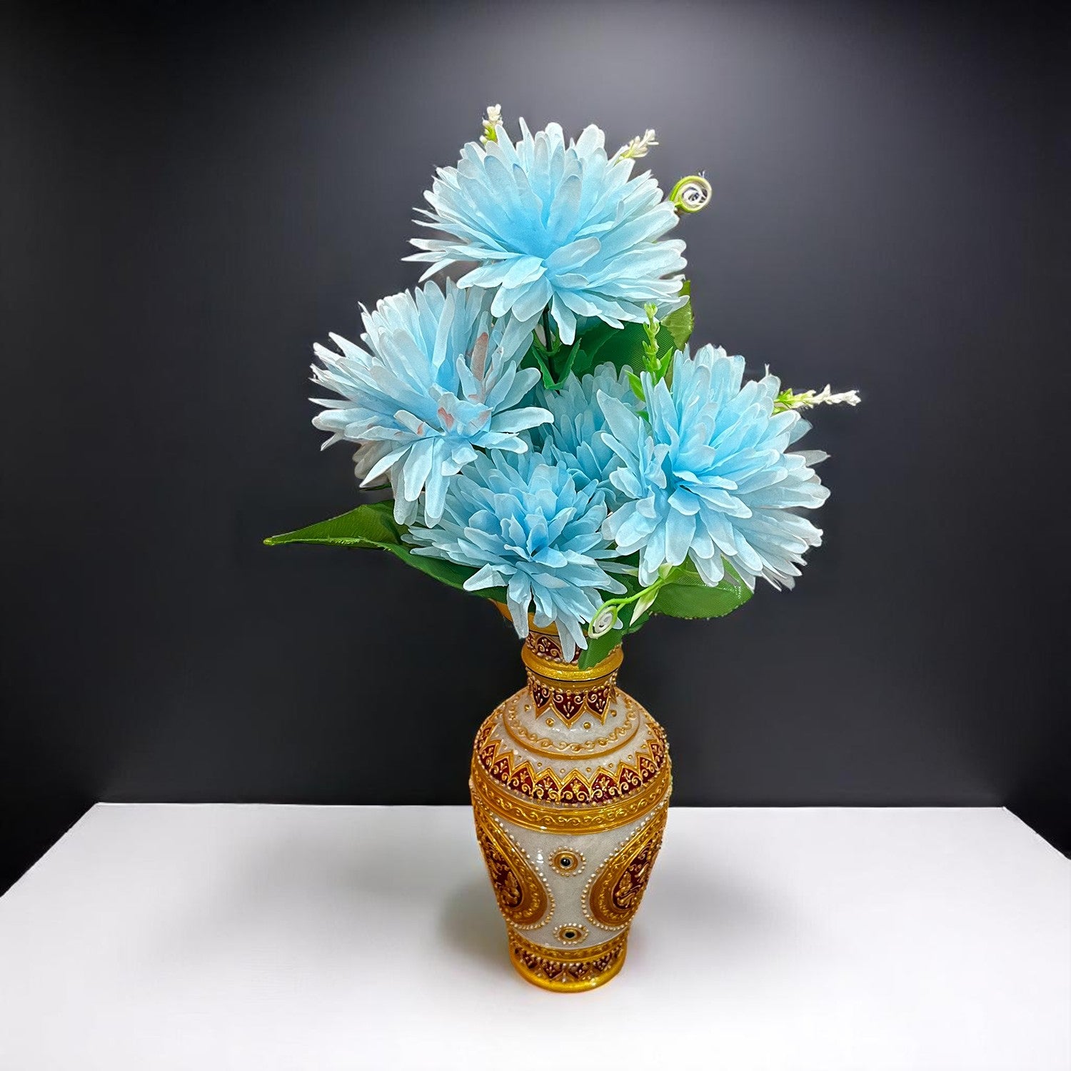 Artificial Flowers Dahlia Bunches for Vase Pot | Faux Flowers Stick - for Home Decor, Living Room, Wedding & Party Decoration  (Vase Not Included) - 15 Inch - Apkamart #Colour_Blue