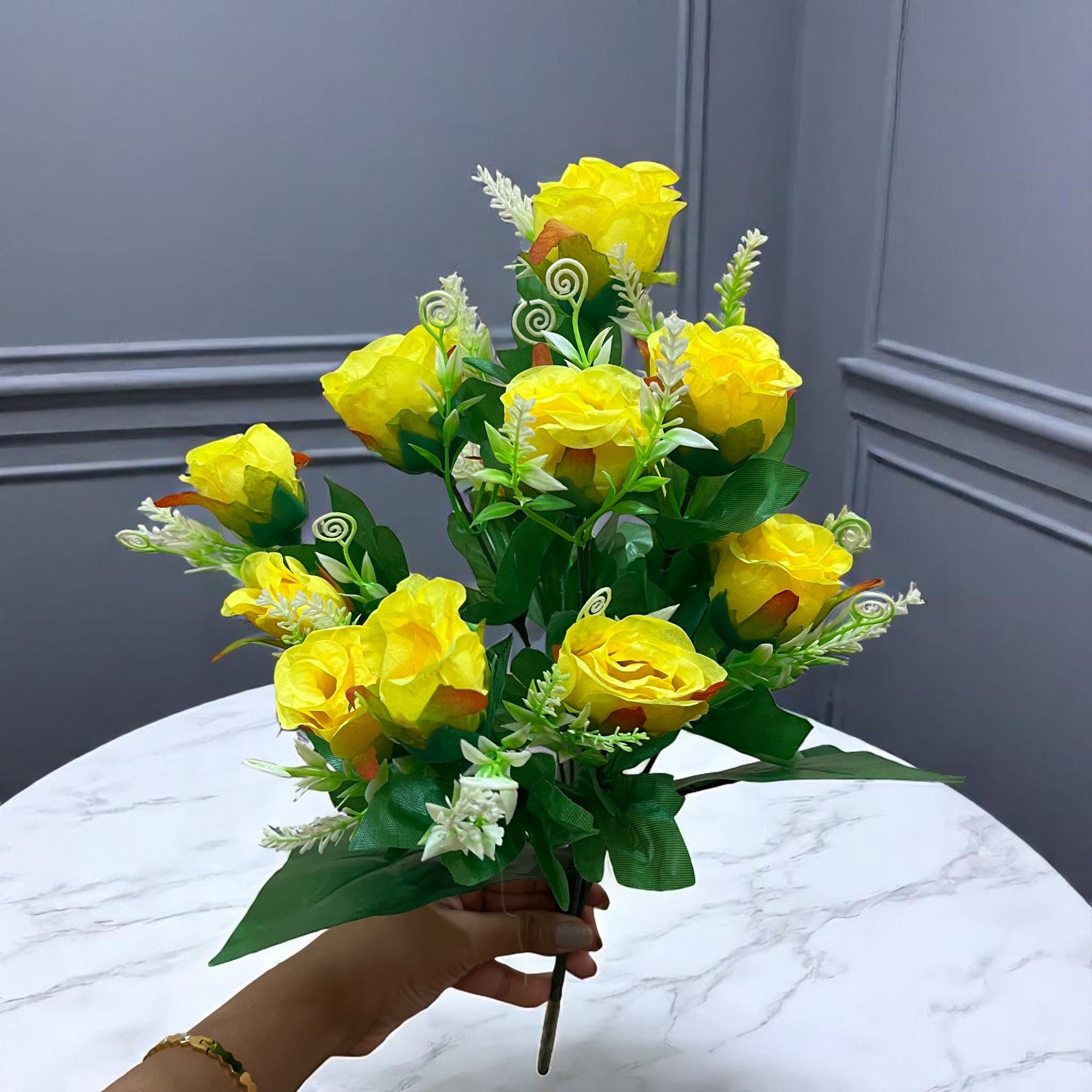 Artificial Flowers Rose | Faux Flowers Bunch - for Home Decor, Side Table, Centerpiece - 17 Inch - Apkamart #Colour_Yellow