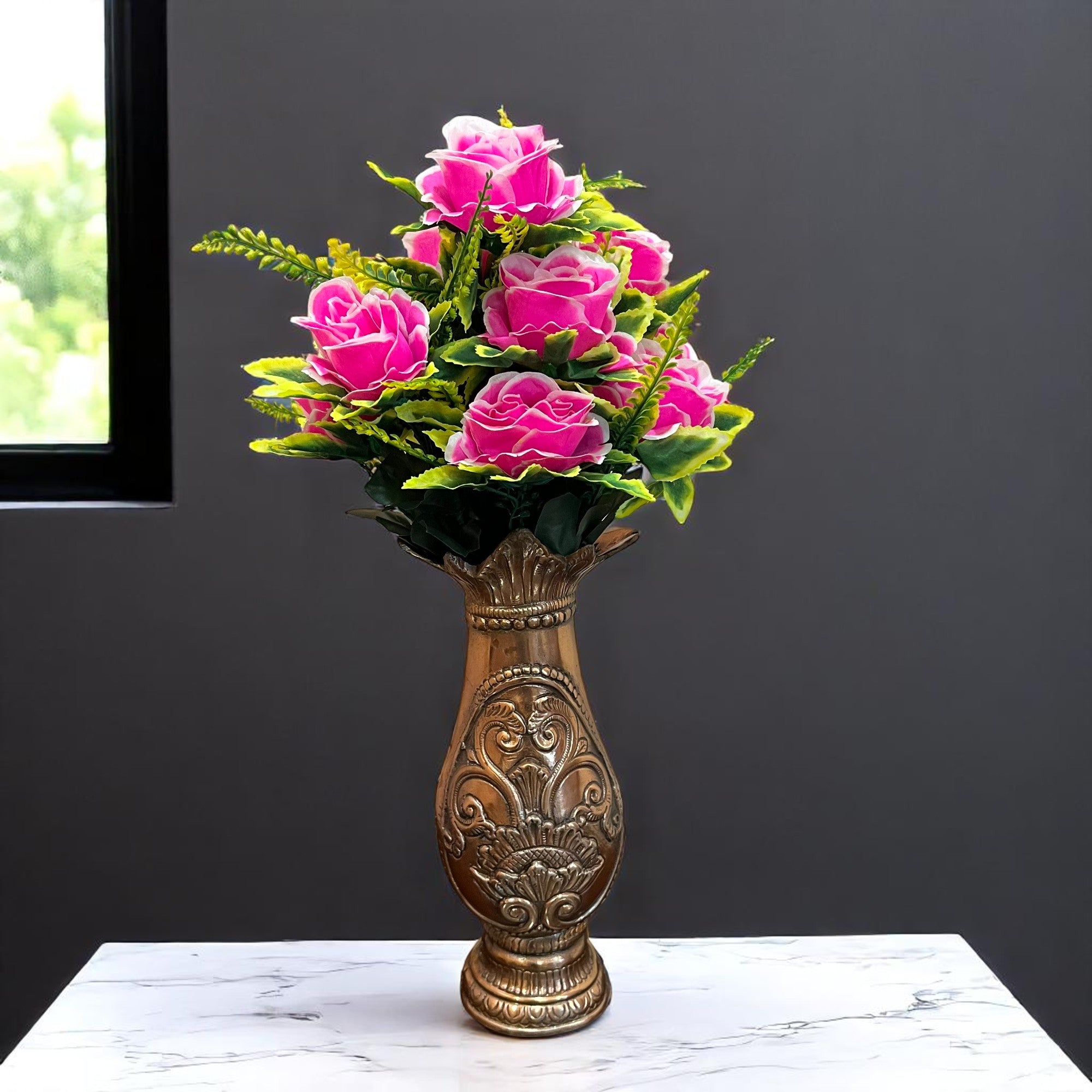 Artificial Flower Bouquet | Faux Rose Flowers Bunch - for Table Vase, Pot, Home Decor, Side Table - 16 Inch - Apkamart #Colour_Pink