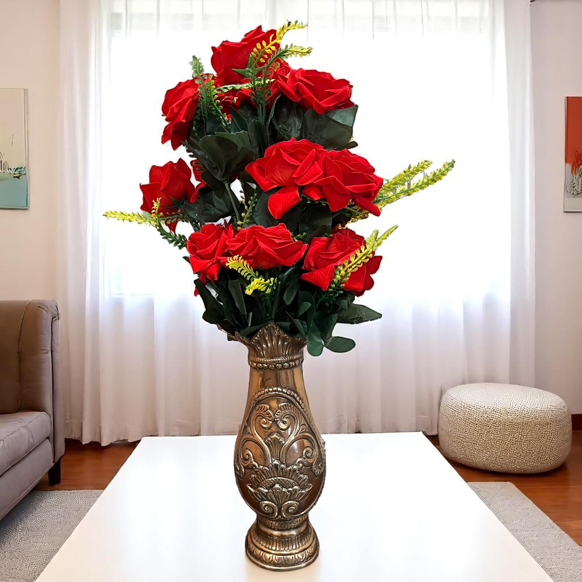 Artificial Flower Bouquet | Fake Rose Flowers Bunch - For Vase, Pot, Home, Bedroom, Balcony, Living Room - 24 Inch - Apkamart
