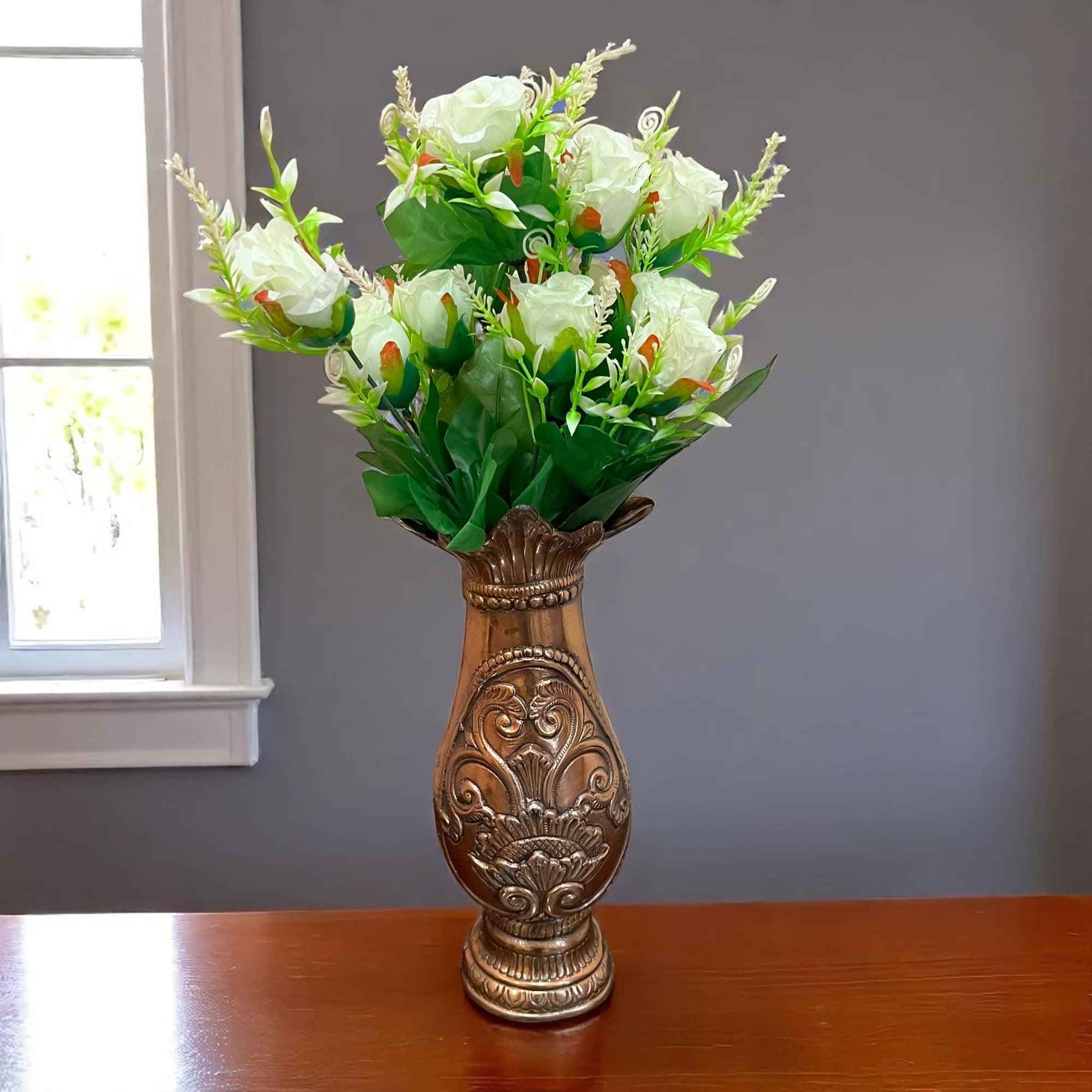 Artificial Flowers Rose | Faux Flowers Bunch - for Home Decor, Side Table, Centerpiece - 17 Inch - Apkamart #Colour_White