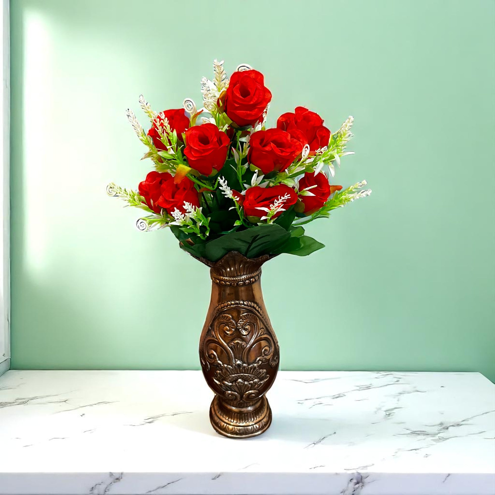 Artificial Flowers Rose | Faux Flowers Bunch - for Home Decor, Side Table, Centerpiece - 17 Inch - Apkamart #Colour_Red