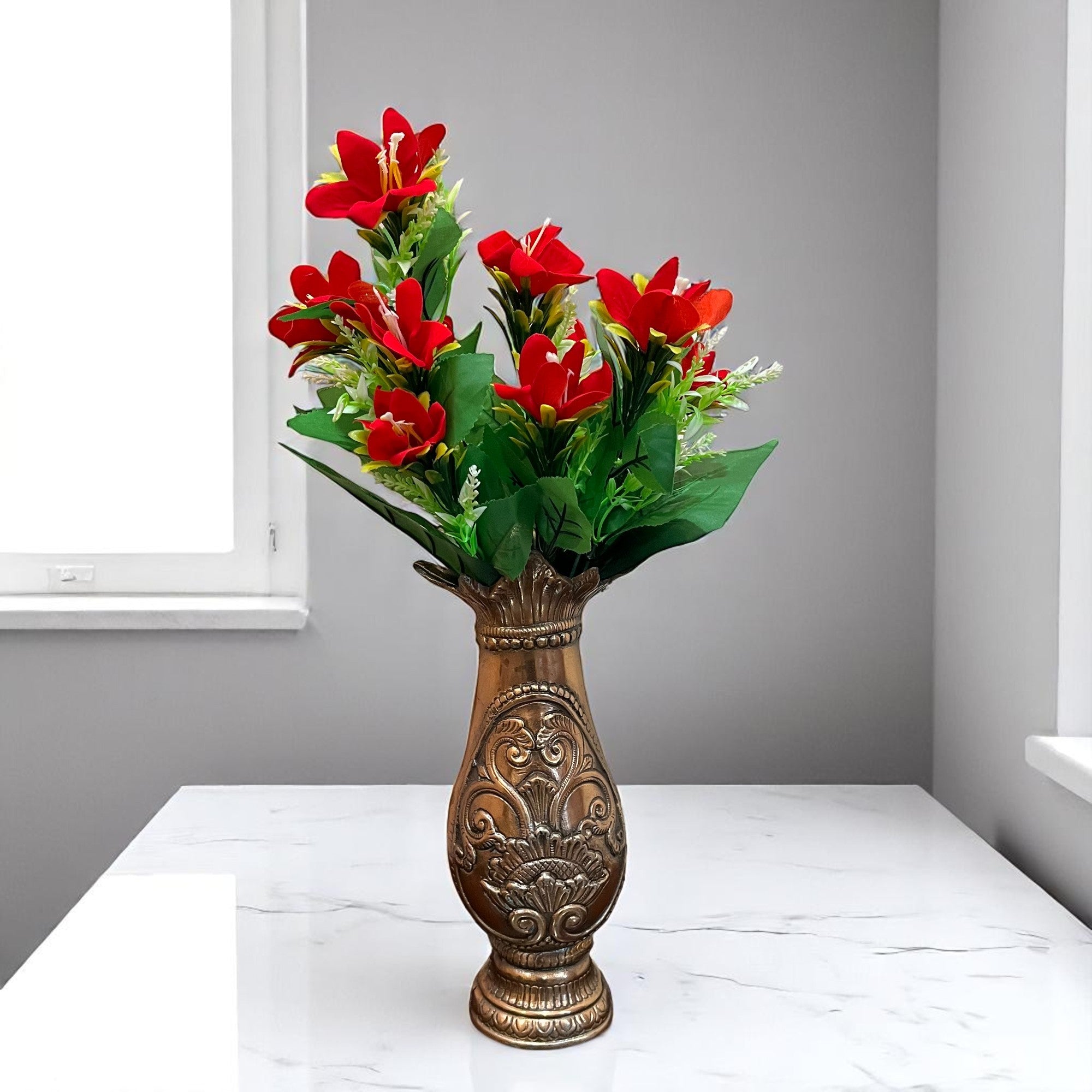 Artificial Flowers Bunches lily for Vase Pot | Faux Flowers Stem - for Home Decor Living Room Side Table Centerpiece - 18 Inch - Apkamart #Colour_Red