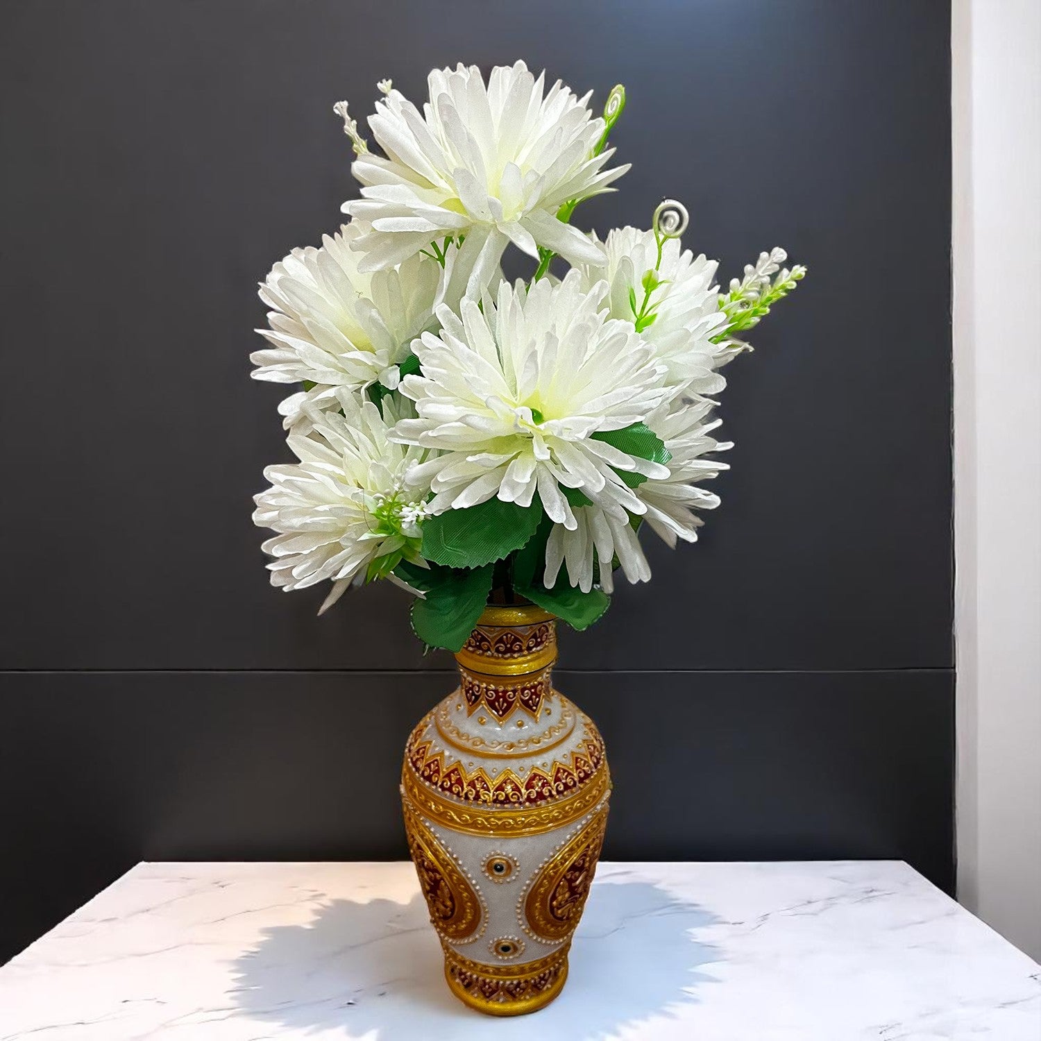 Artificial Flowers Dahlia Bunches for Vase Pot | Faux Flowers Stick - for Home Decor, Living Room, Wedding & Party Decoration  (Vase Not Included) - 15 Inch - Apkamart #Colour_White