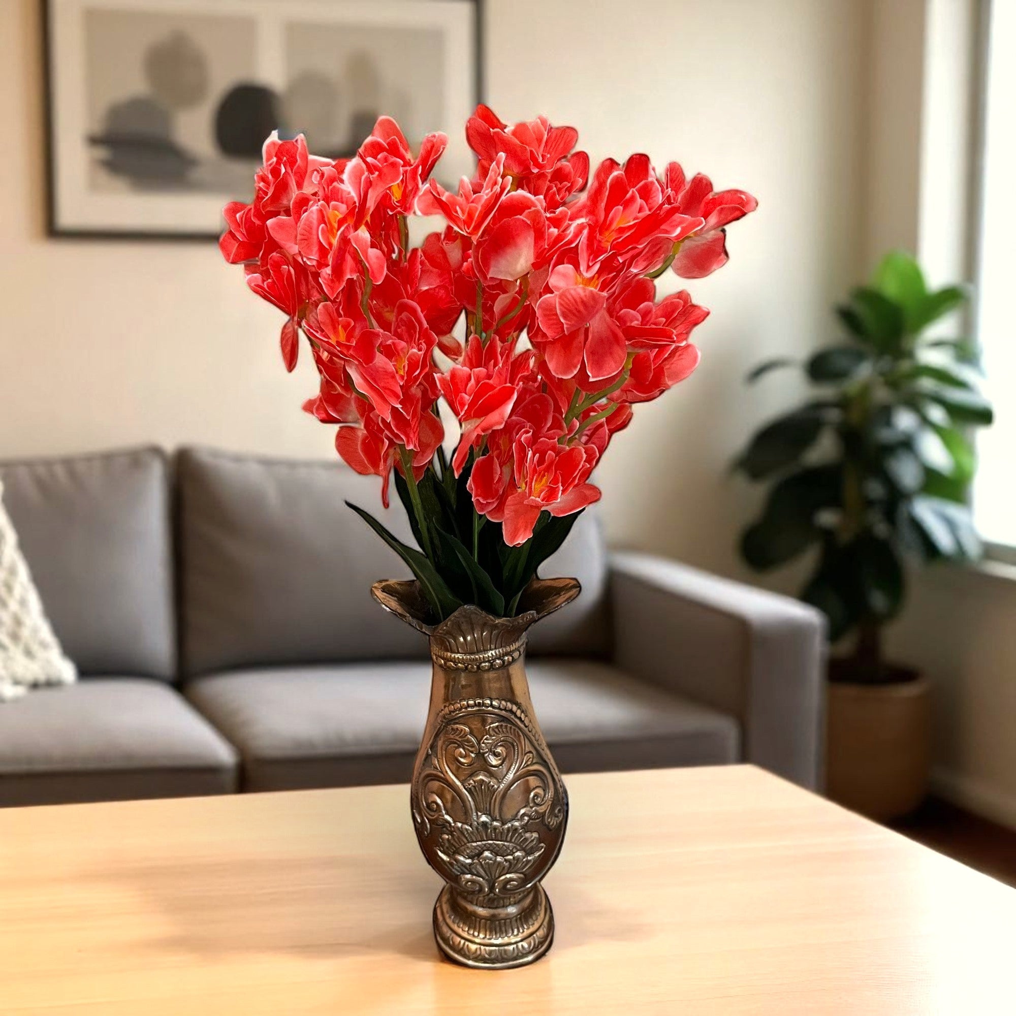 Artificial Orchids Flower Bouquets | Fake Flowers Bunch - For Vase, Pot, Home, Bedroom, Balcony, Office Corner, Living Room - 22 Inch - Apkamart #Colour_Red