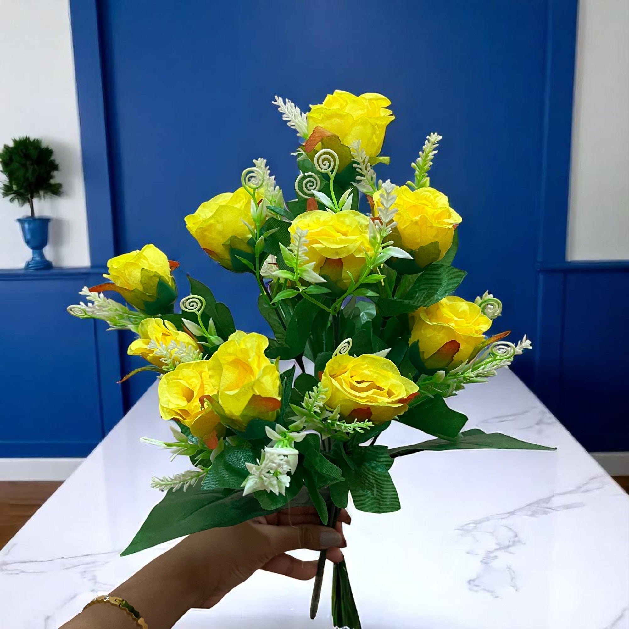 Artificial Flowers Rose | Faux Flowers Bunch - for Home Decor, Side Table, Centerpiece - 17 Inch - Apkamart #Colour_Yellow
