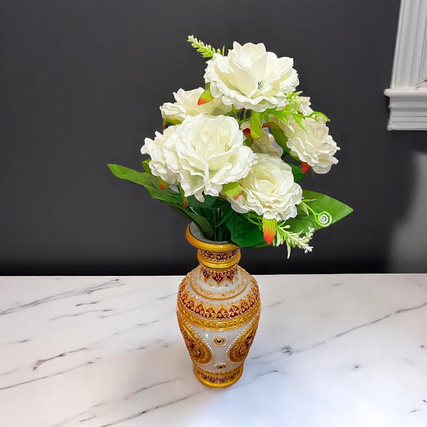 Artificial Flowers Rose Sticks | Faux Flowers Bunch - for Home Decor, Living Room, Wedding & Party Decoration (Vase Not Included) - 15 Inch - Apkamart #Colour_White