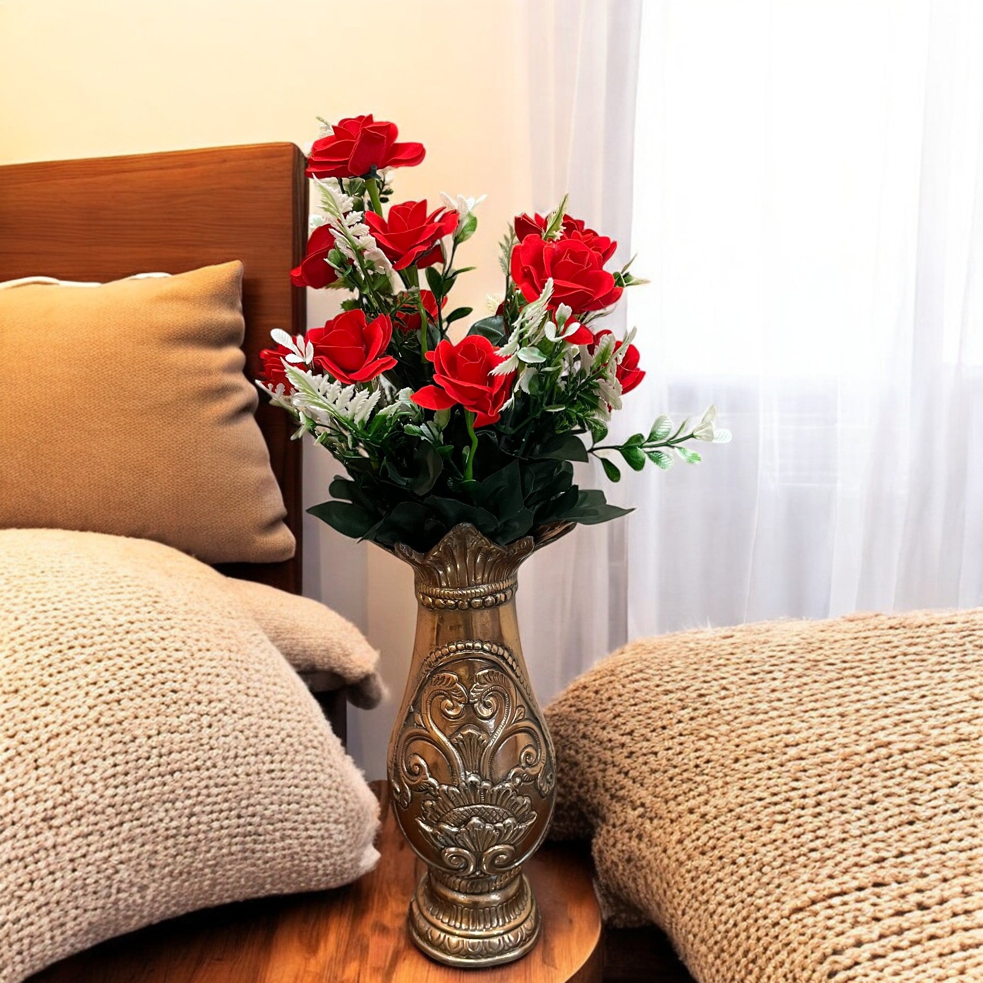 Artificial Rose Flowers Bunches for Vase Pot | Faux Flowers Stem - for Home Decor Living Room Side Table Centerpiece - 17 Inch - Apkamart
