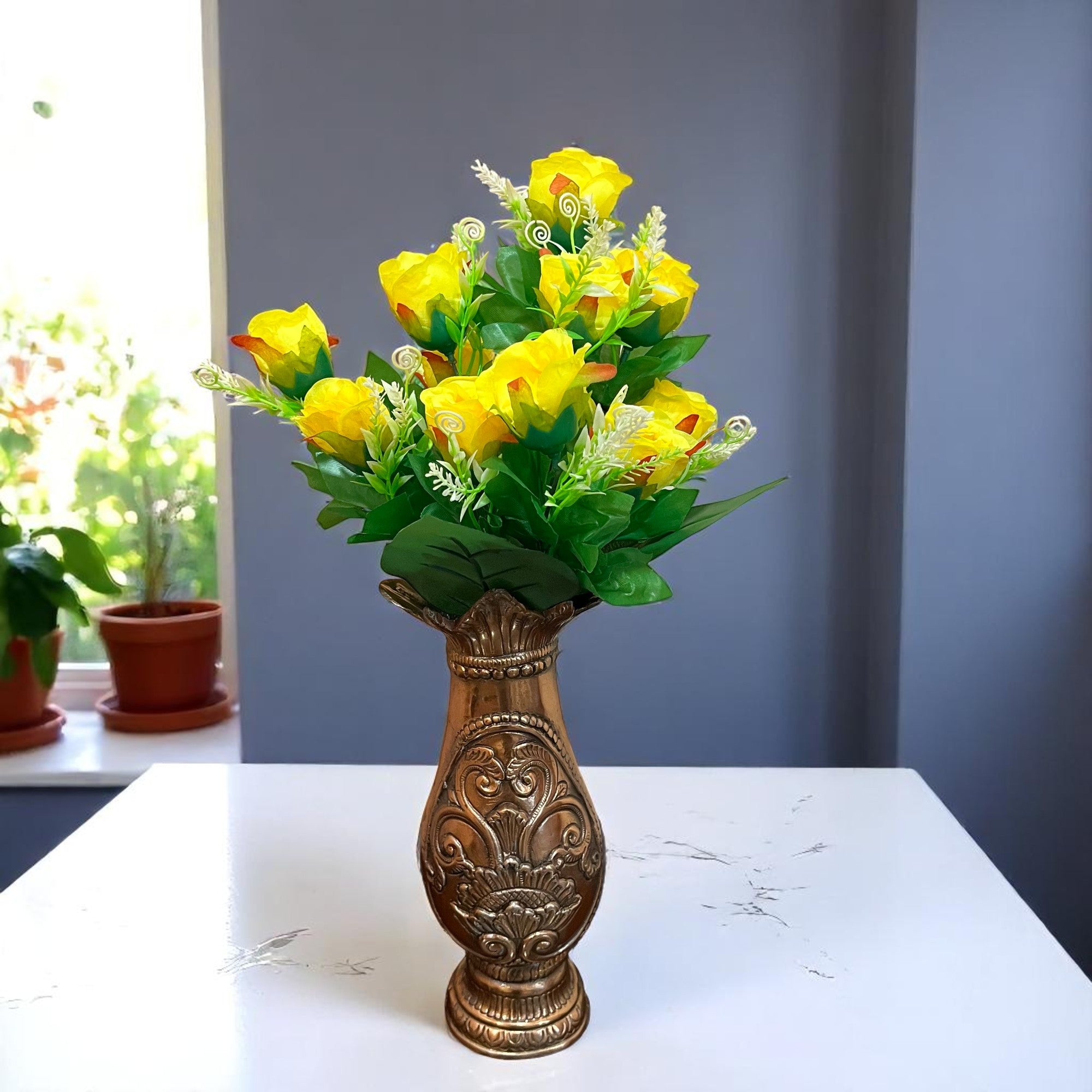 Artificial Flowers Rose | Faux Flowers Bunch - for Home Decor, Side Table, Centerpiece - 17 Inch - Apkamart #Colour_Yellow