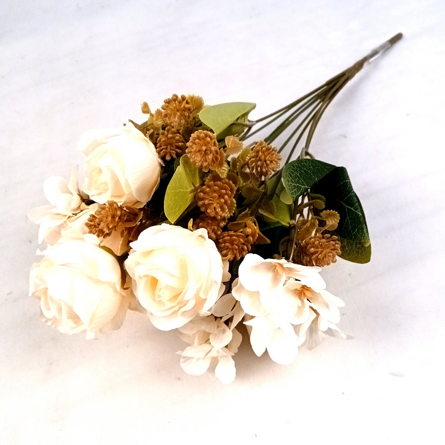Artificial Flowers | Faux Flowers Rose Bunch - for Home Decor, Living Room, Office, Centerpiece - 15 Inch - Apkamart #Colour_White