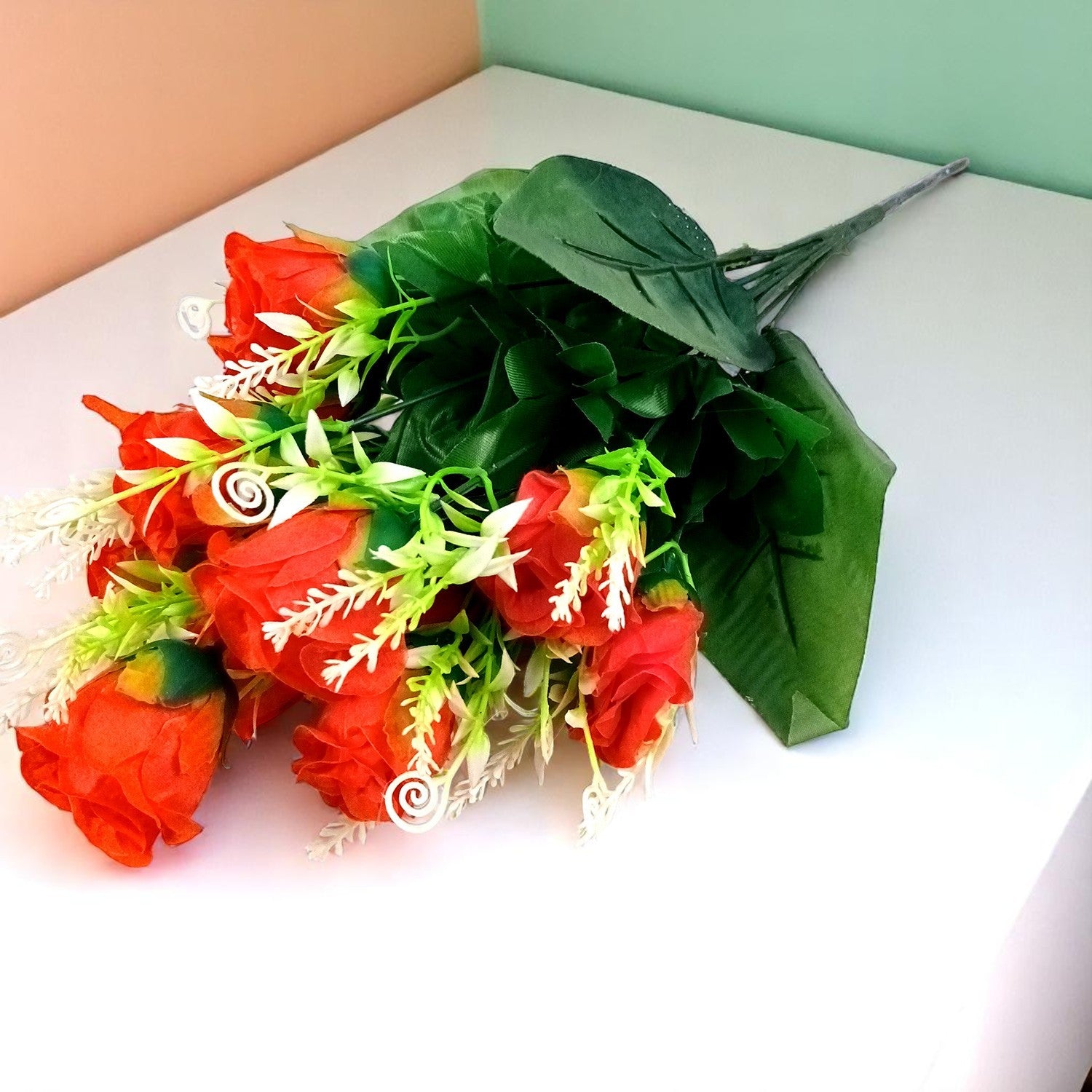 Artificial Flowers Rose | Faux Flowers Bunch - for Home Decor, Side Table, Centerpiece - 17 Inch - Apkamart #Colour_Red