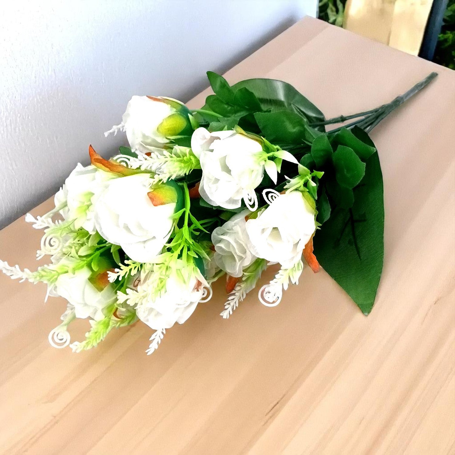 Artificial Flowers Rose | Faux Flowers Bunch - for Home Decor, Side Table, Centerpiece - 17 Inch - Apkamart #Colour_White