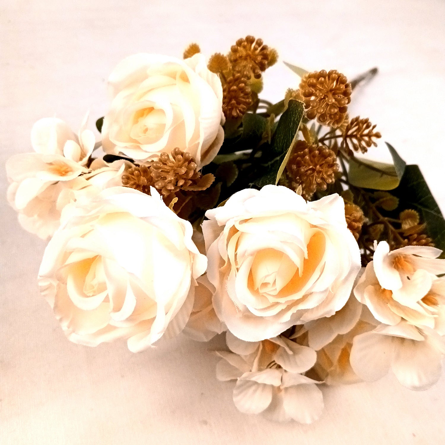 Artificial Flowers | Faux Flowers Rose Bunch - for Home Decor, Living Room, Office, Centerpiece - 15 Inch - Apkamart #Colour_White