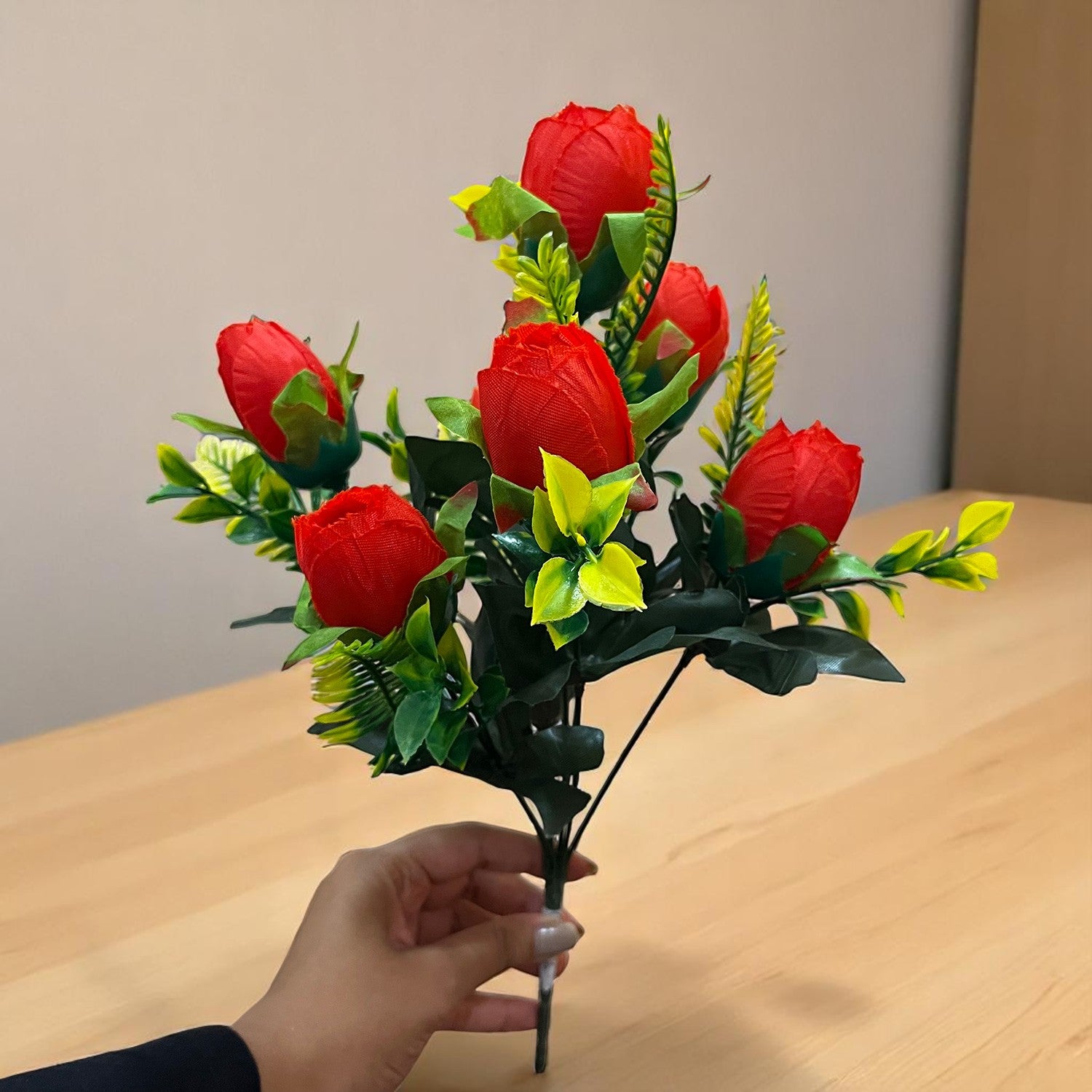 Artificial Flowers Rose Bunches for Vase Pot | Faux Flowers Stem - for Home Decor, Living Room, Office, Wedding & Party Decoration (Vase Not Included) - 14 Inch - Apkamart #Colour_Red