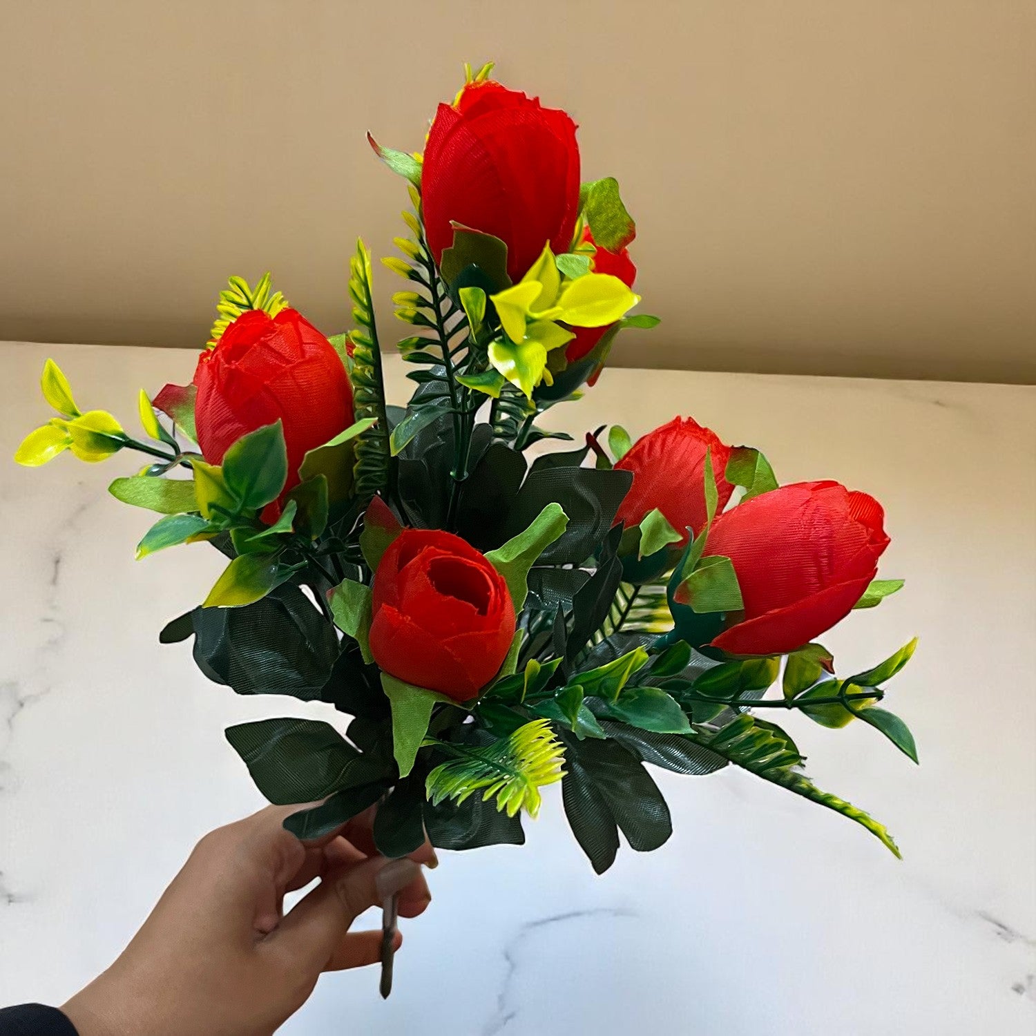 Artificial Flowers Rose Bunches for Vase Pot | Faux Flowers Stem - for Home Decor, Living Room, Office, Wedding & Party Decoration (Vase Not Included) - 14 Inch - Apkamart #Colour_Red