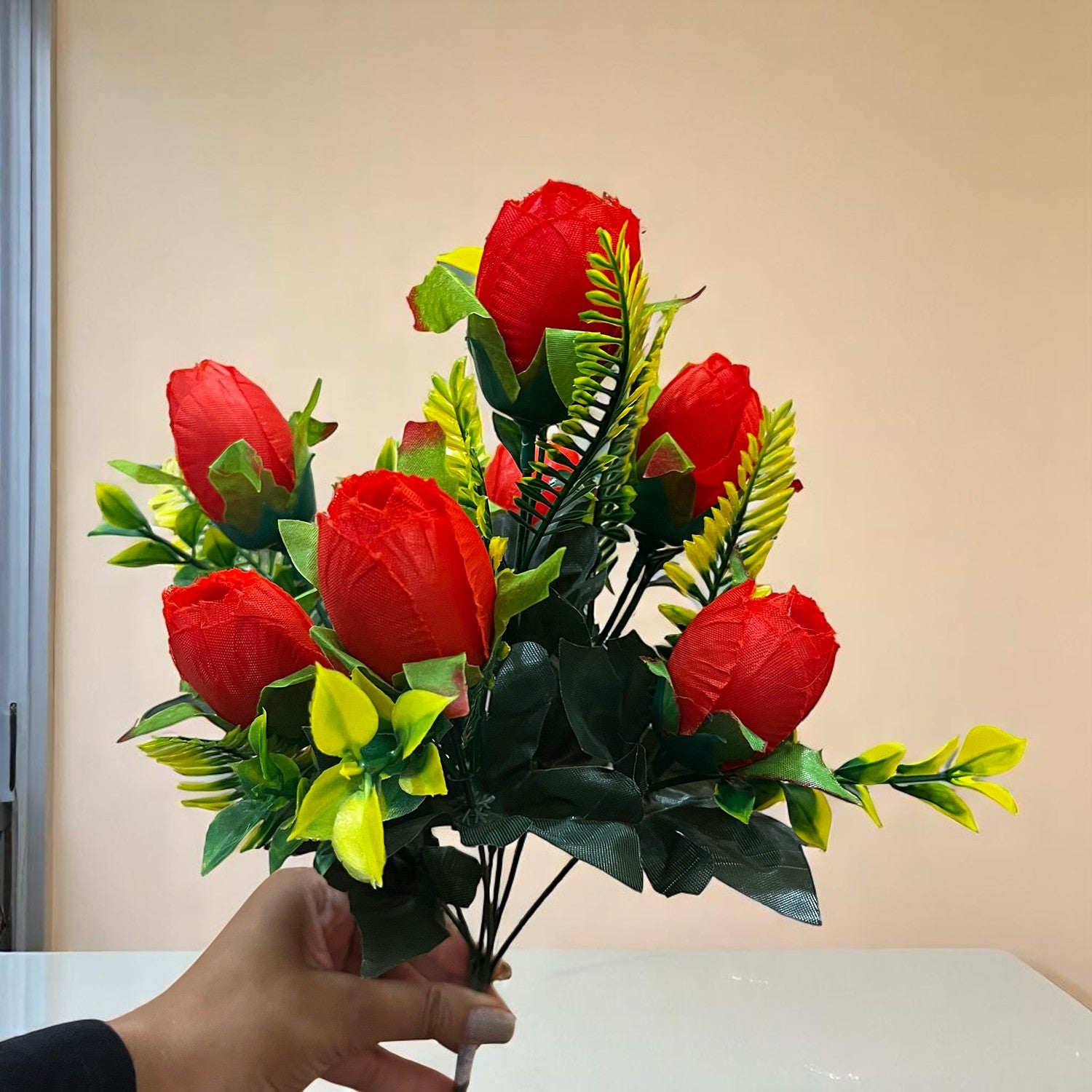 Artificial Flowers Rose Bunches for Vase Pot | Faux Flowers Stem - for Home Decor, Living Room, Office, Wedding & Party Decoration (Vase Not Included) - 14 Inch - Apkamart #Colour_Red