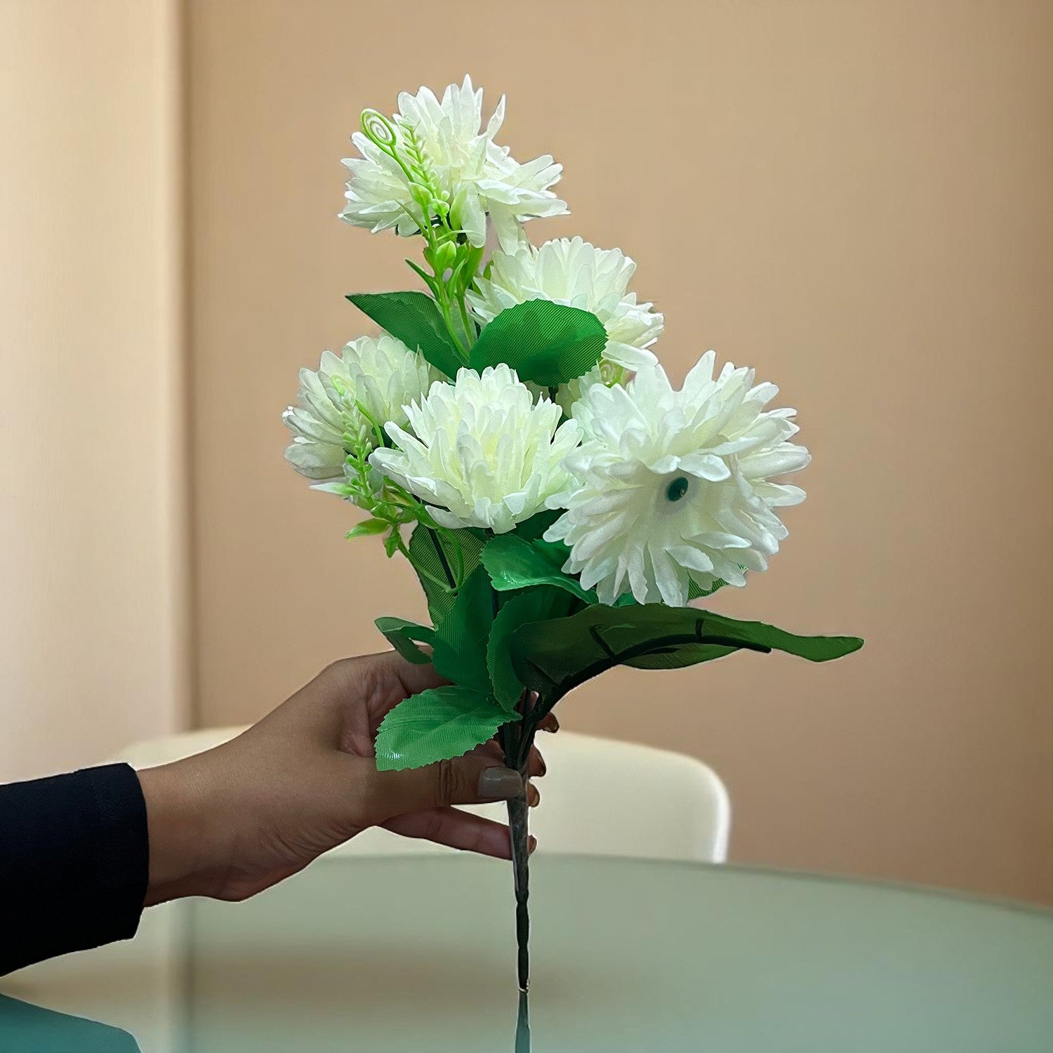 Artificial Flowers Dahlia Bunches for Vase Pot | Faux Flowers Stick - for Home Decor, Living Room, Wedding & Party Decoration (Vase Not Included) - 14 Inch - Apkamart #Colour_White