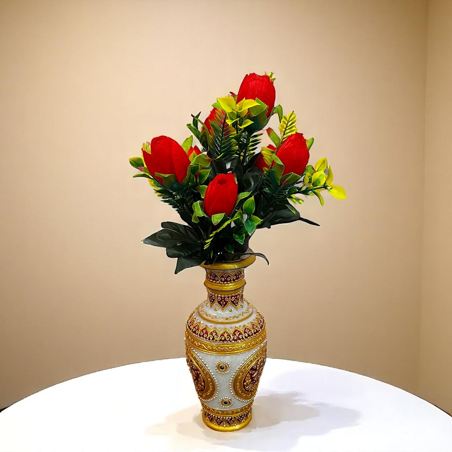 Artificial Flowers Rose Bunches for Vase Pot | Faux Flowers Stem - for Home Decor, Living Room, Office, Wedding & Party Decoration (Vase Not Included) - 14 Inch - Apkamart #Colour_Red