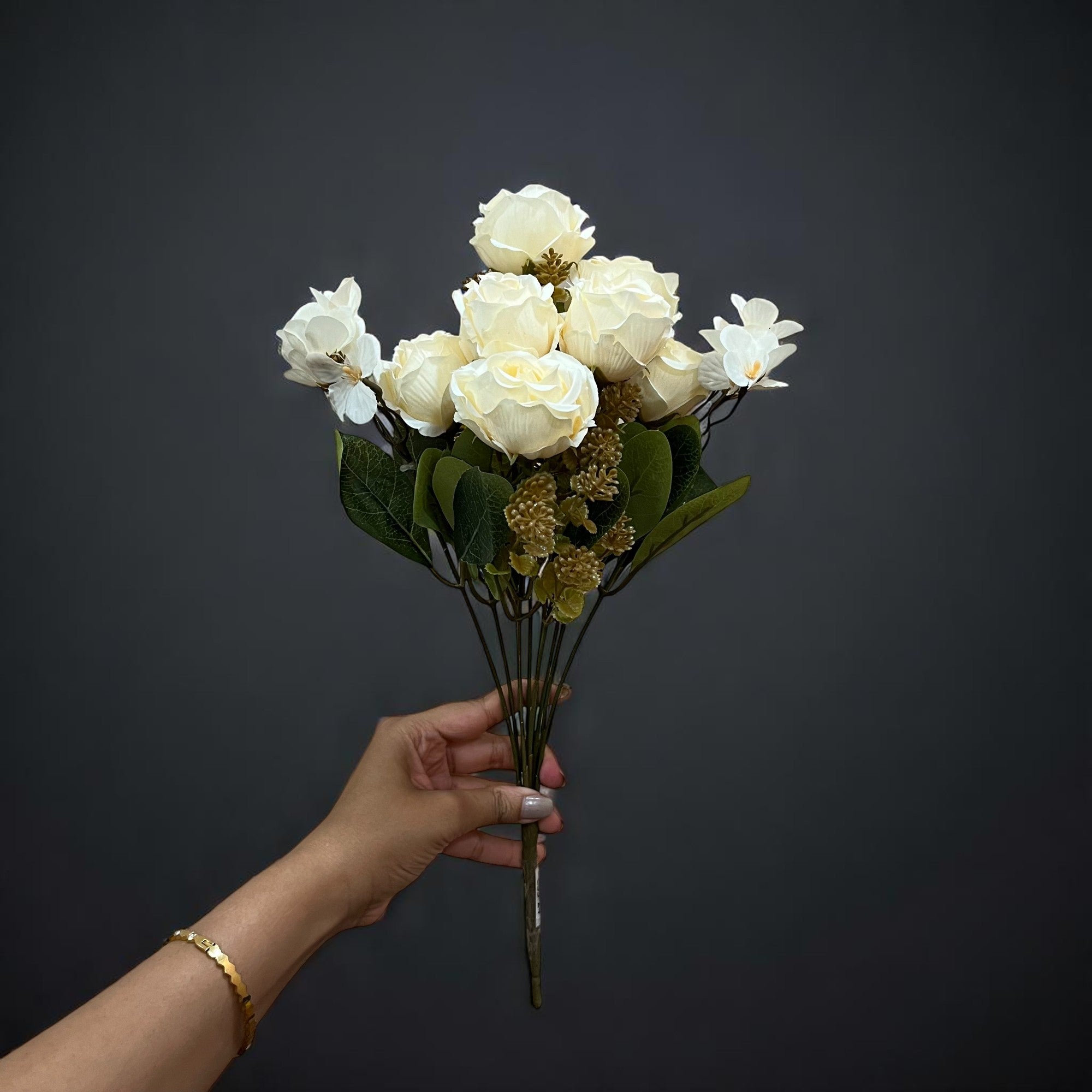 Artificial Flowers | Faux Flowers Rose Bunch - for Home Decor, Living Room, Office, Centerpiece - 15 Inch - Apkamart #Colour_White