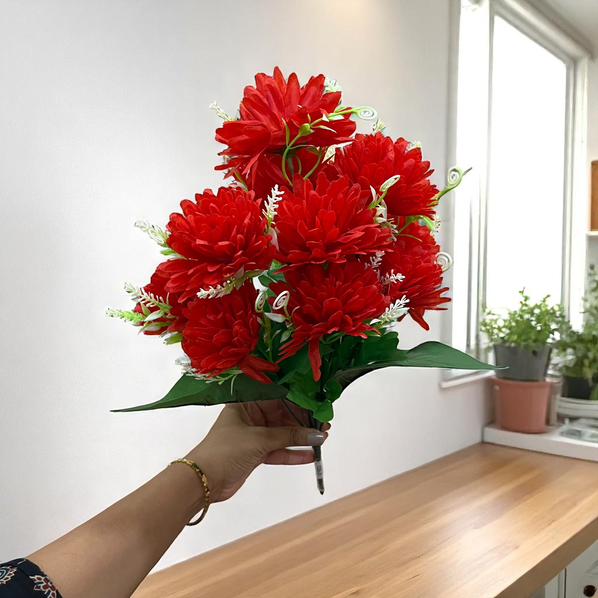 Artificial Flower Dahlia | Fake Flowers Bunch Dahalia - For Vase, Pot, Home, Bedroom, Balcony, Office Corner, Living Room - 18 Inch - Apkamart #Colour_Red