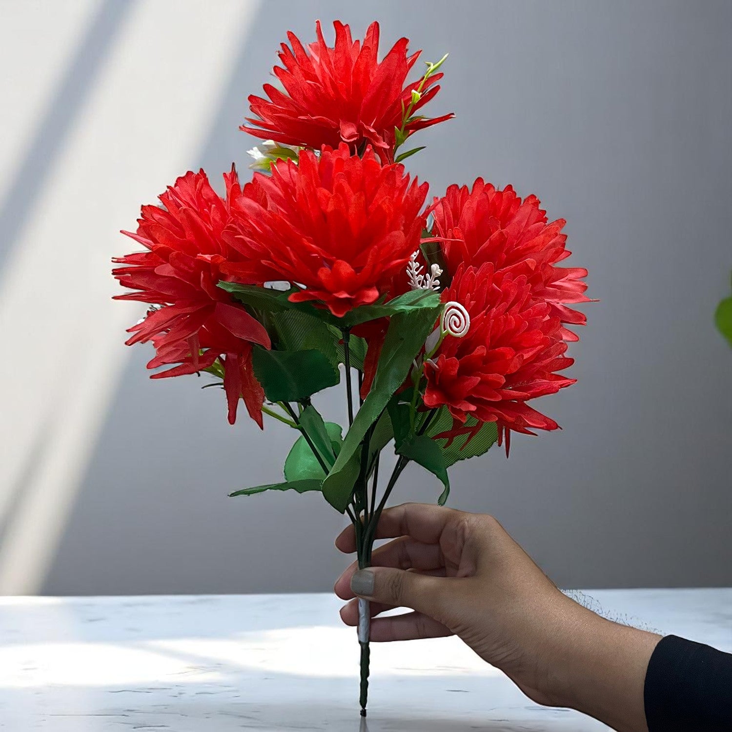 Artificial Flowers Dahlia Bunches for Vase Pot | Faux Flowers Stick - for Home Decor, Living Room, Wedding & Party Decoration  (Vase Not Included) - 15 Inch - Apkamart #Colour_Red