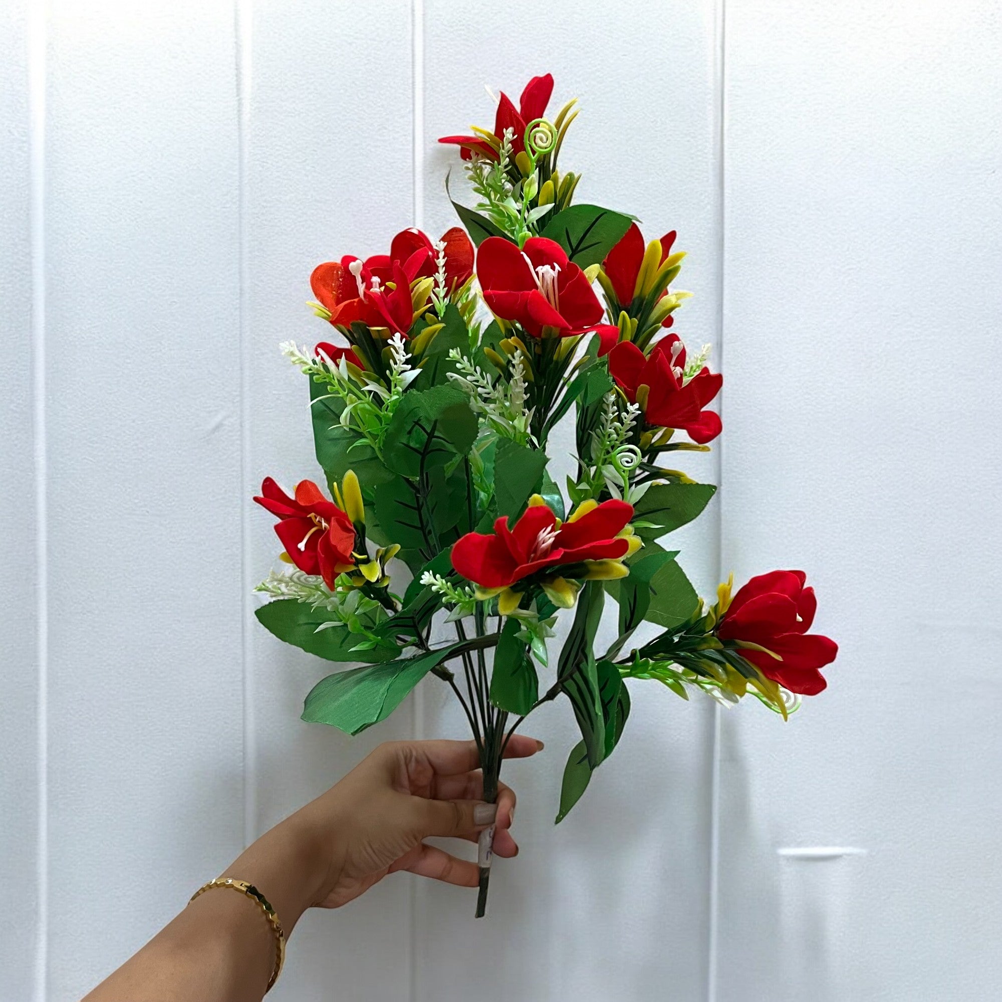 Artificial Flowers Bunches lily for Vase Pot | Faux Flowers Stem - for Home Decor Living Room Side Table Centerpiece - 18 Inch - Apkamart #Colour_Red