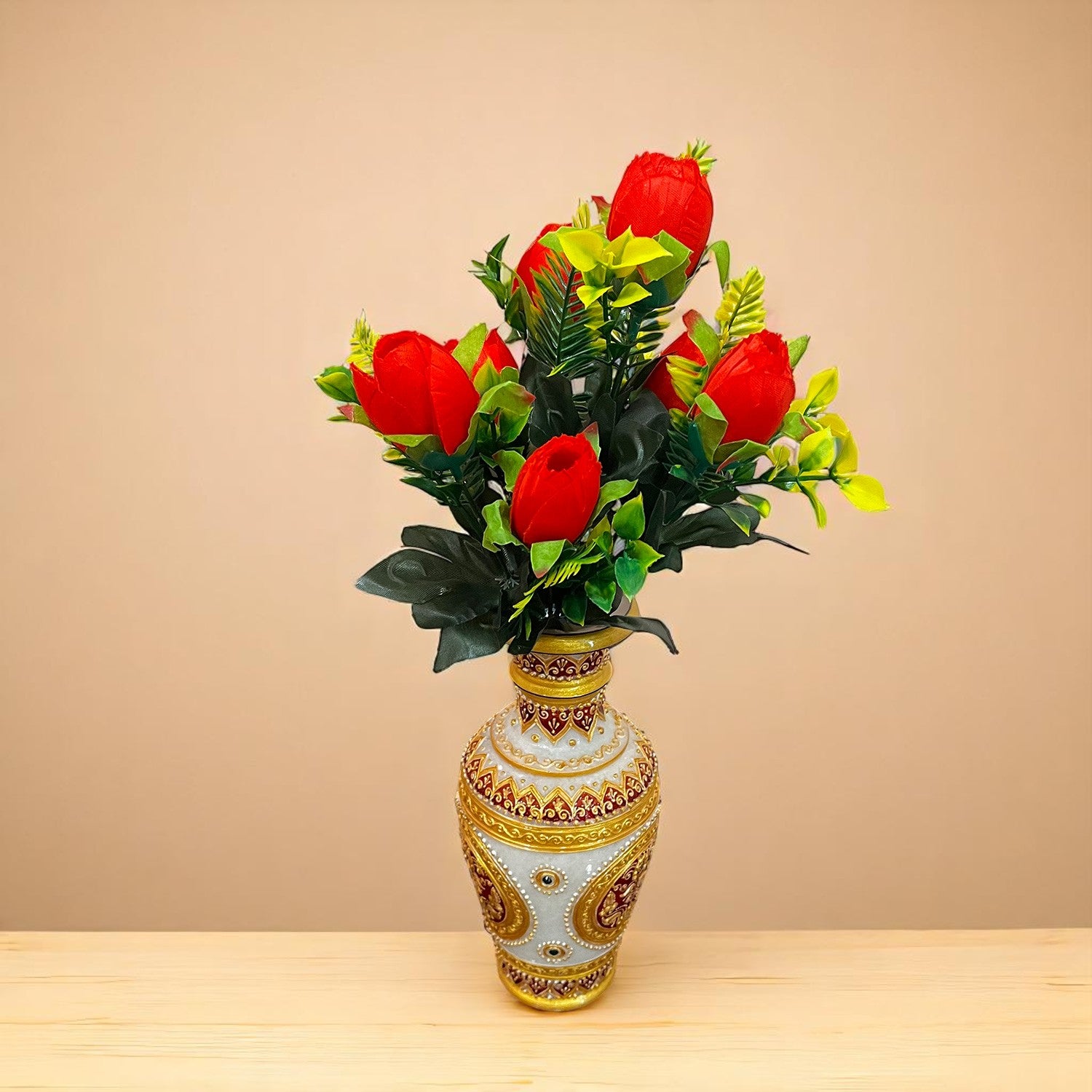 Artificial Flowers Rose Bunches for Vase Pot | Faux Flowers Stem - for Home Decor, Living Room, Office, Wedding & Party Decoration (Vase Not Included) - 14 Inch - Apkamart #Colour_Red