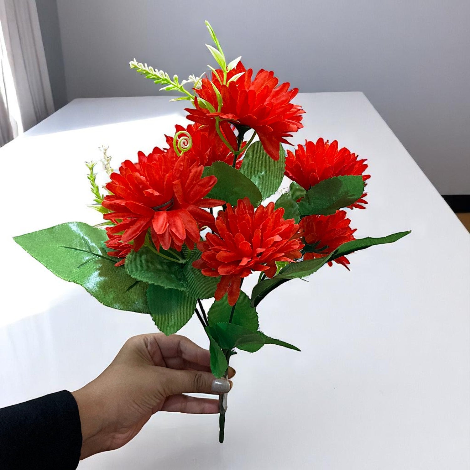 Artificial Flowers Dahlia Bunches for Vase Pot | Faux Flowers Stick - for Home Decor, Living Room, Wedding & Party Decoration (Vase Not Included) - 14 Inch - Apkamart #Colour_Red