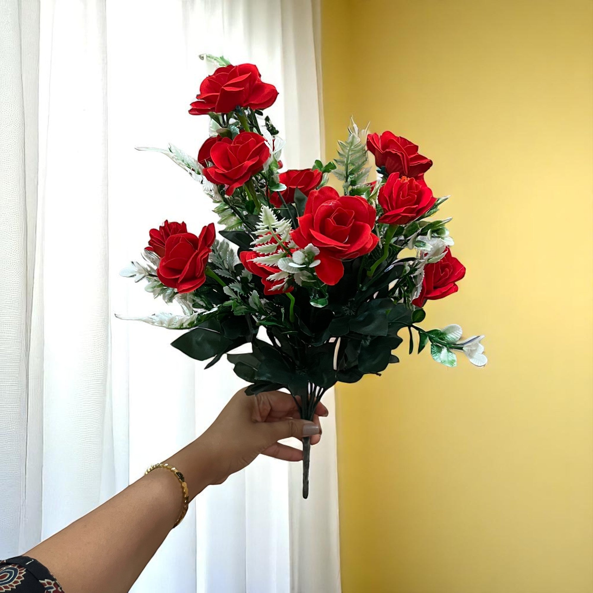 Artificial Rose Flowers Bunches for Vase Pot | Faux Flowers Stem - for Home Decor Living Room Side Table Centerpiece - 17 Inch - Apkamart